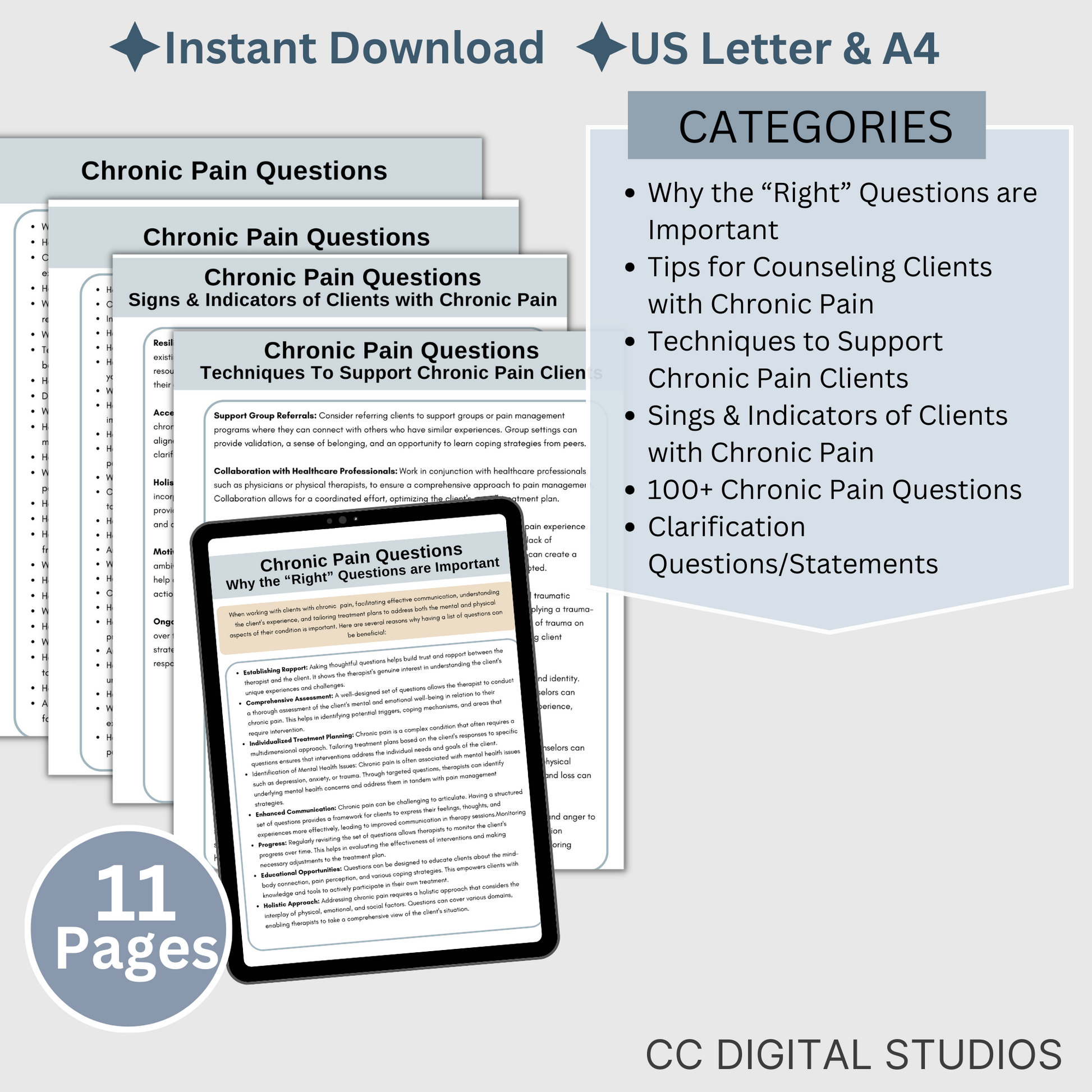 100 therapy questions & tips tailored for individuals facing chronic pain. This extensive resource serves as a conversation starter in your counseling office, fostering meaningful dialogues to comprehensively grasp your clients experiences.