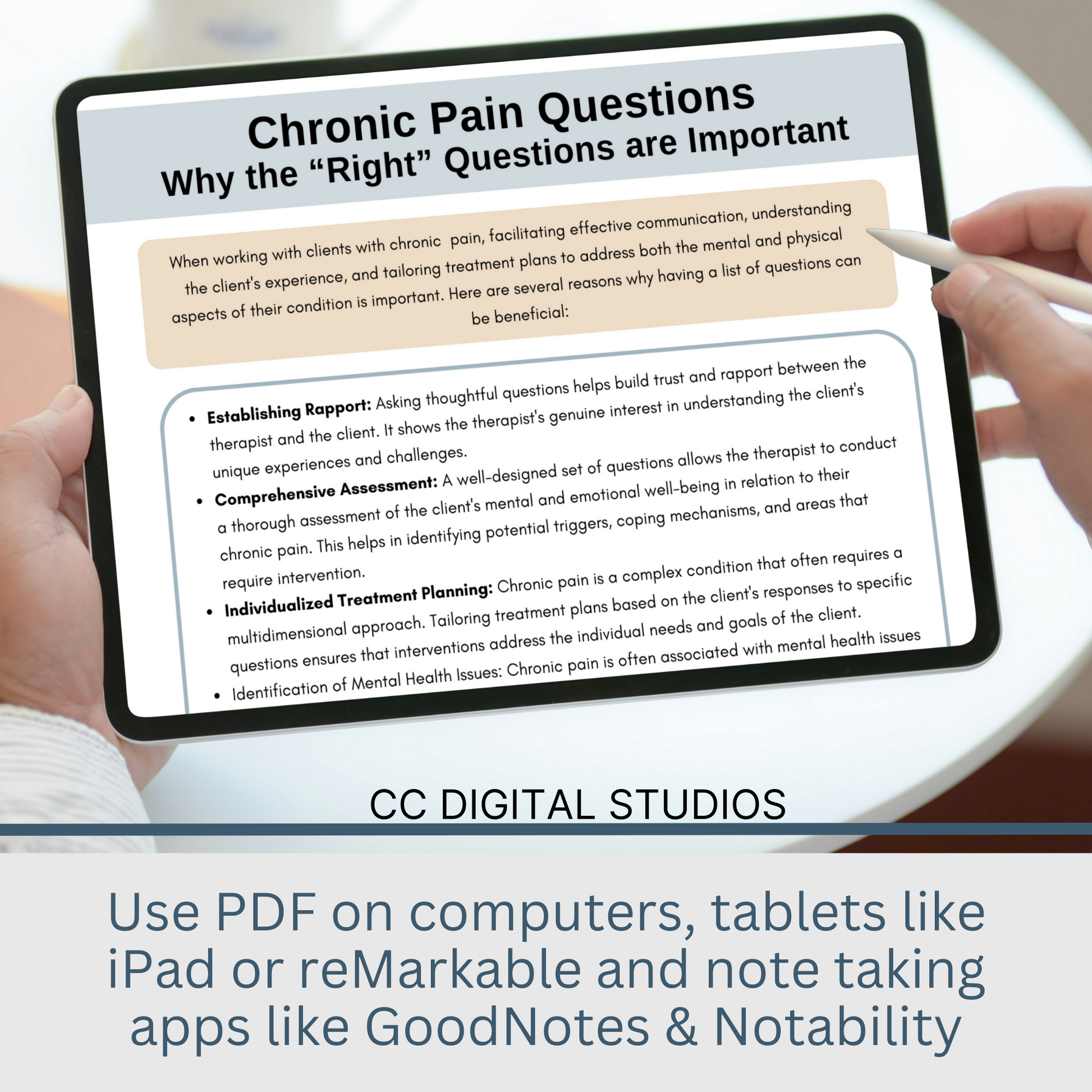 100 therapy questions & tips tailored for individuals facing chronic pain. This extensive resource serves as a conversation starter in your counseling office, fostering meaningful dialogues to comprehensively grasp your clients experiences.