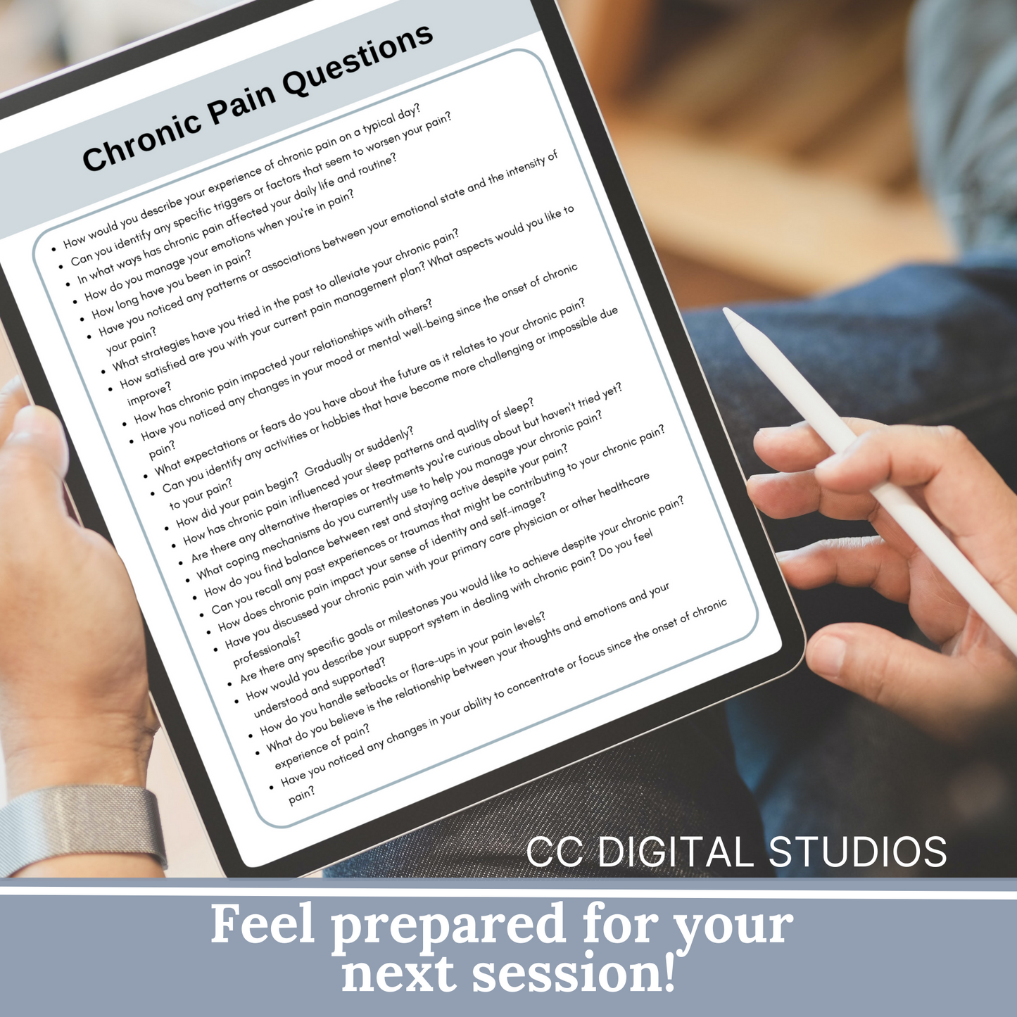 100 therapy questions & tips tailored for individuals facing chronic pain. This extensive resource serves as a conversation starter in your counseling office, fostering meaningful dialogues to comprehensively grasp your clients experiences.