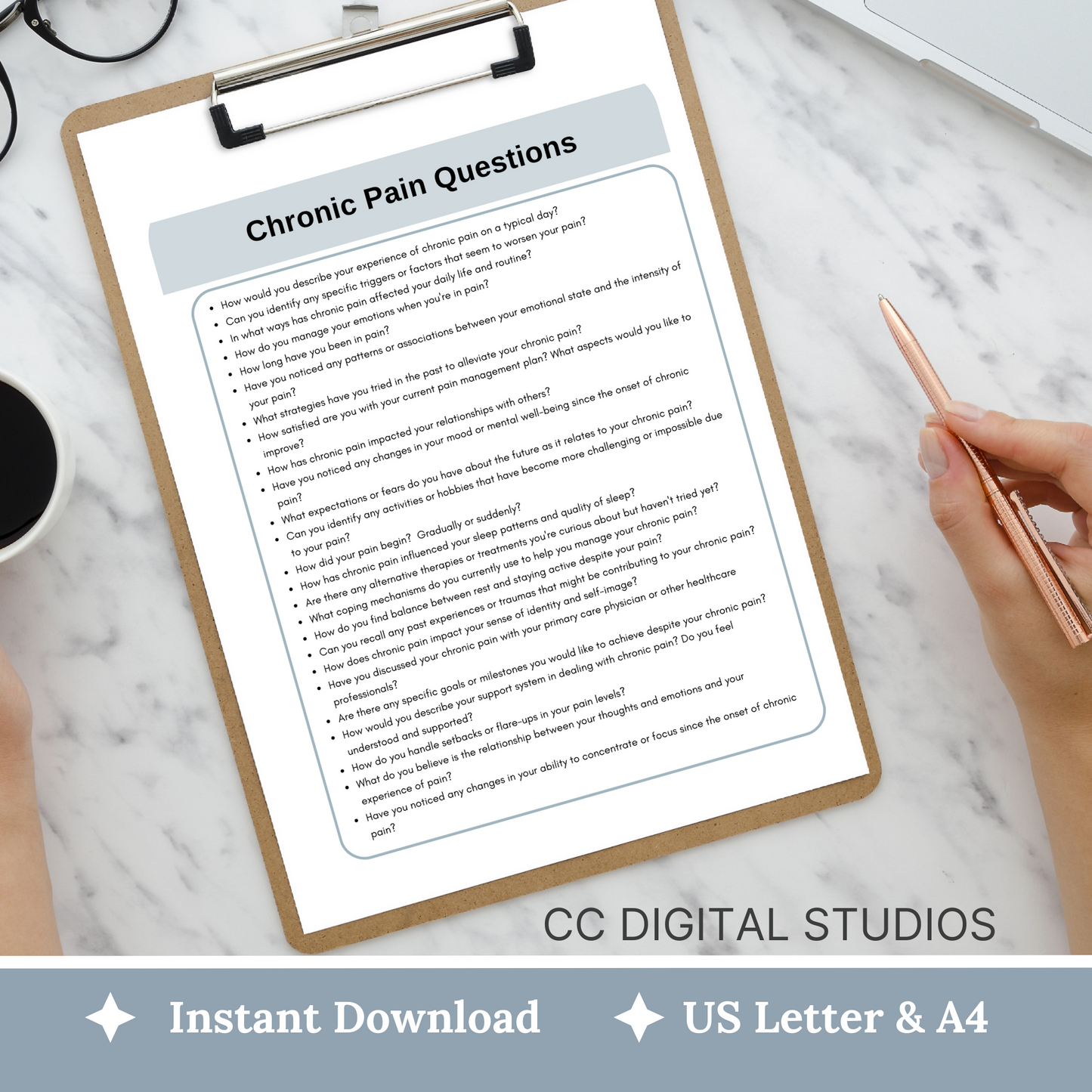 100 therapy questions & tips tailored for individuals facing chronic pain. This extensive resource serves as a conversation starter in your counseling office, fostering meaningful dialogues to comprehensively grasp your clients experiences.