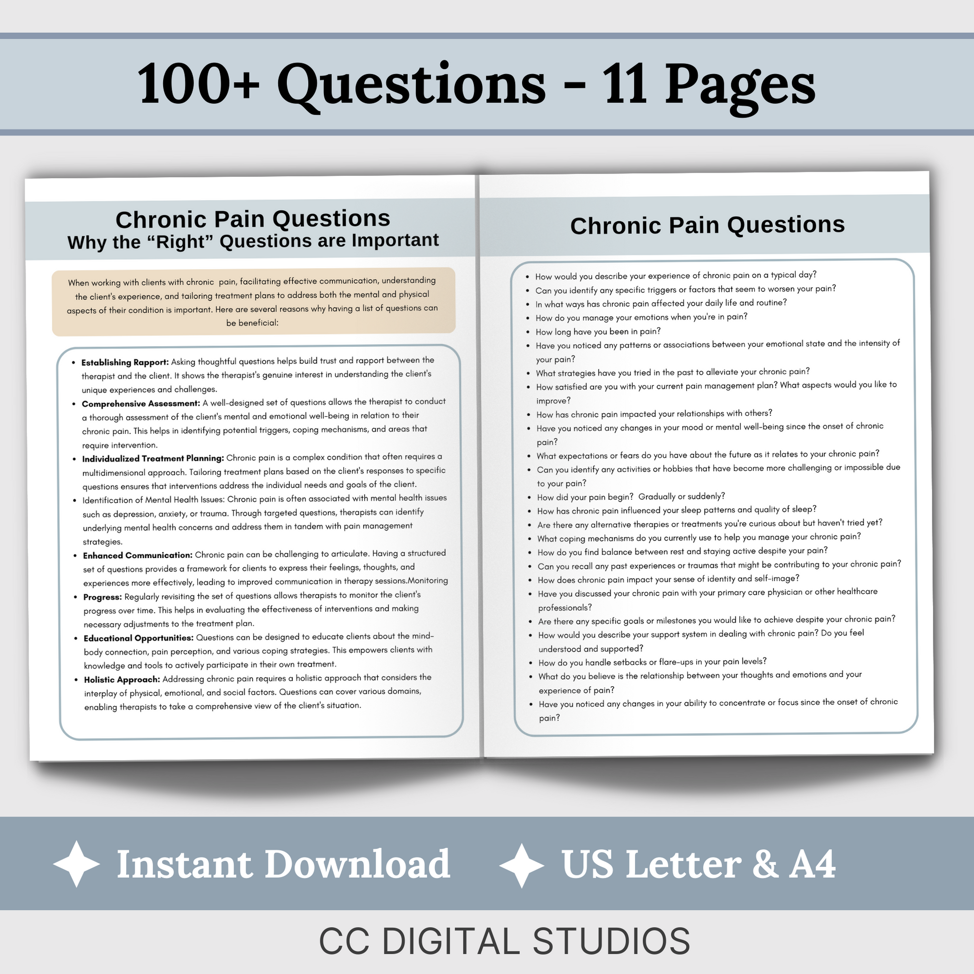 100 therapy questions & tips tailored for individuals facing chronic pain. This extensive resource serves as a conversation starter in your counseling office, fostering meaningful dialogues to comprehensively grasp your clients experiences.