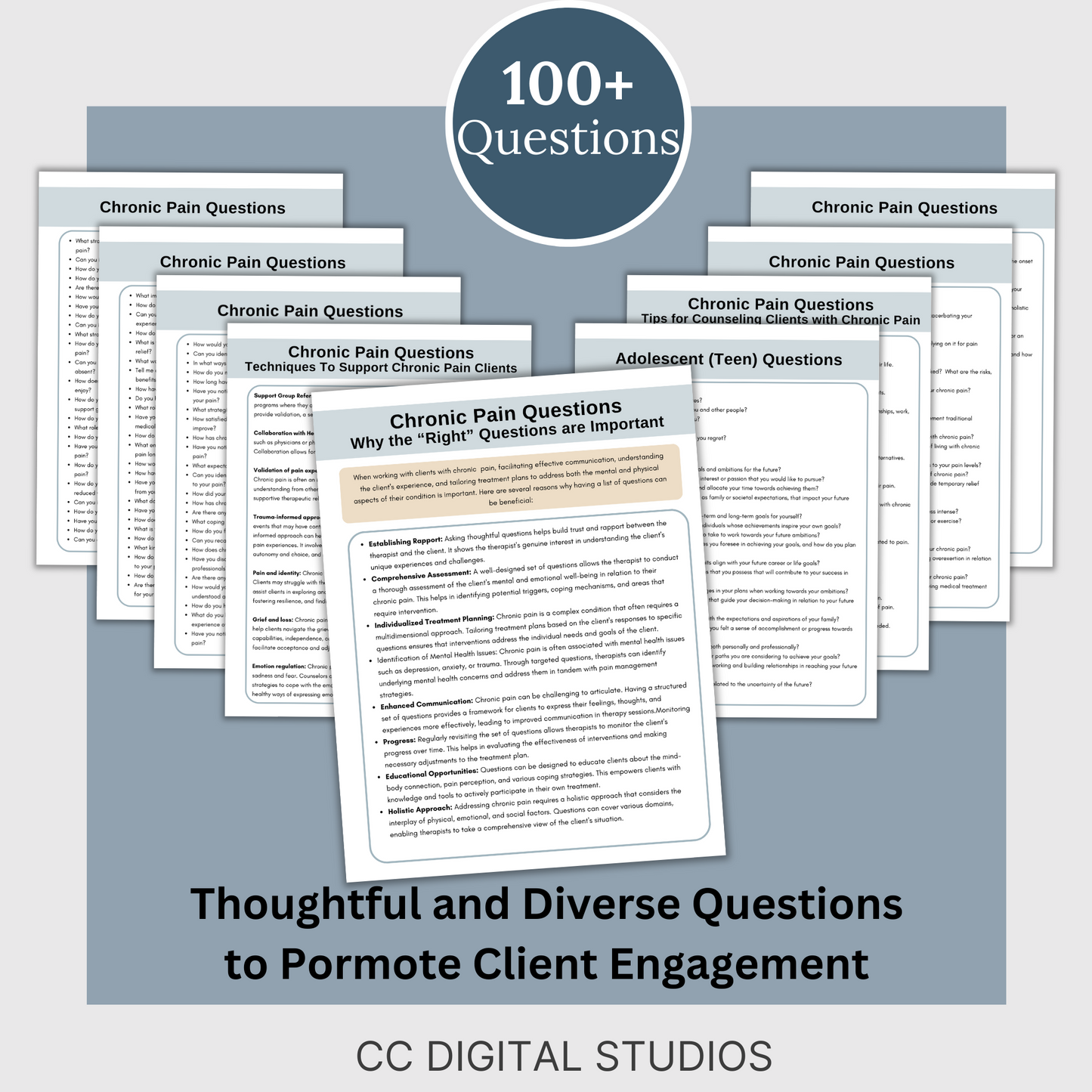 100 therapy questions & tips tailored for individuals facing chronic pain. This extensive resource serves as a conversation starter in your counseling office, fostering meaningful dialogues to comprehensively grasp your clients experiences.