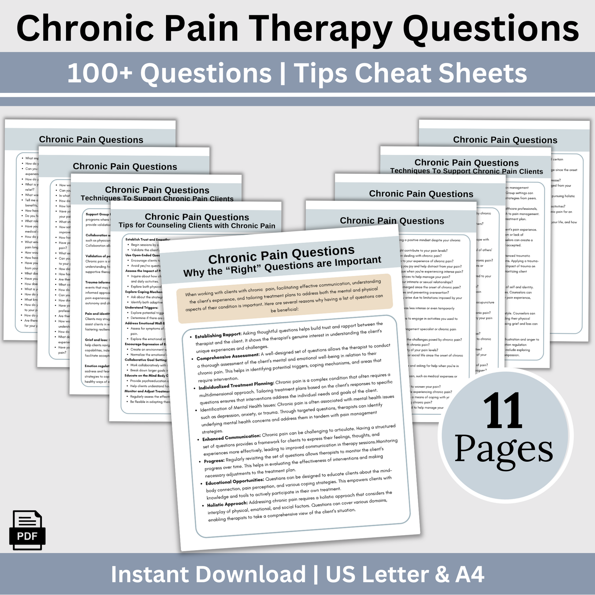 100 therapy questions & tips tailored for individuals facing chronic pain. This extensive resource serves as a conversation starter in your counseling office, fostering meaningful dialogues to comprehensively grasp your clients experiences.