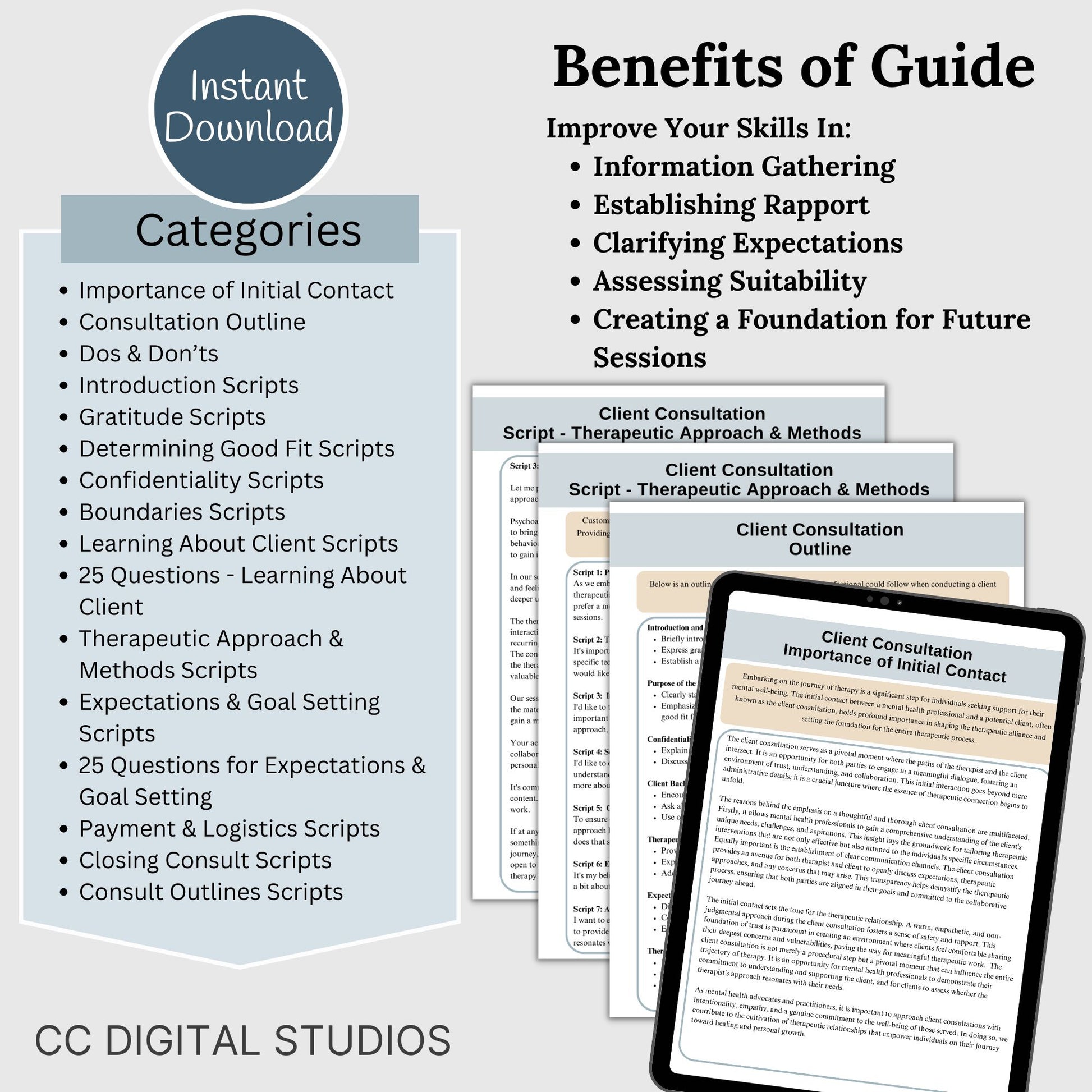 Look no further then this client consult cheat sheet, a comprehensive reference sheet that simplifies the client consult process by offering key therapy questions, therapy scripts, conversation starters, and more.