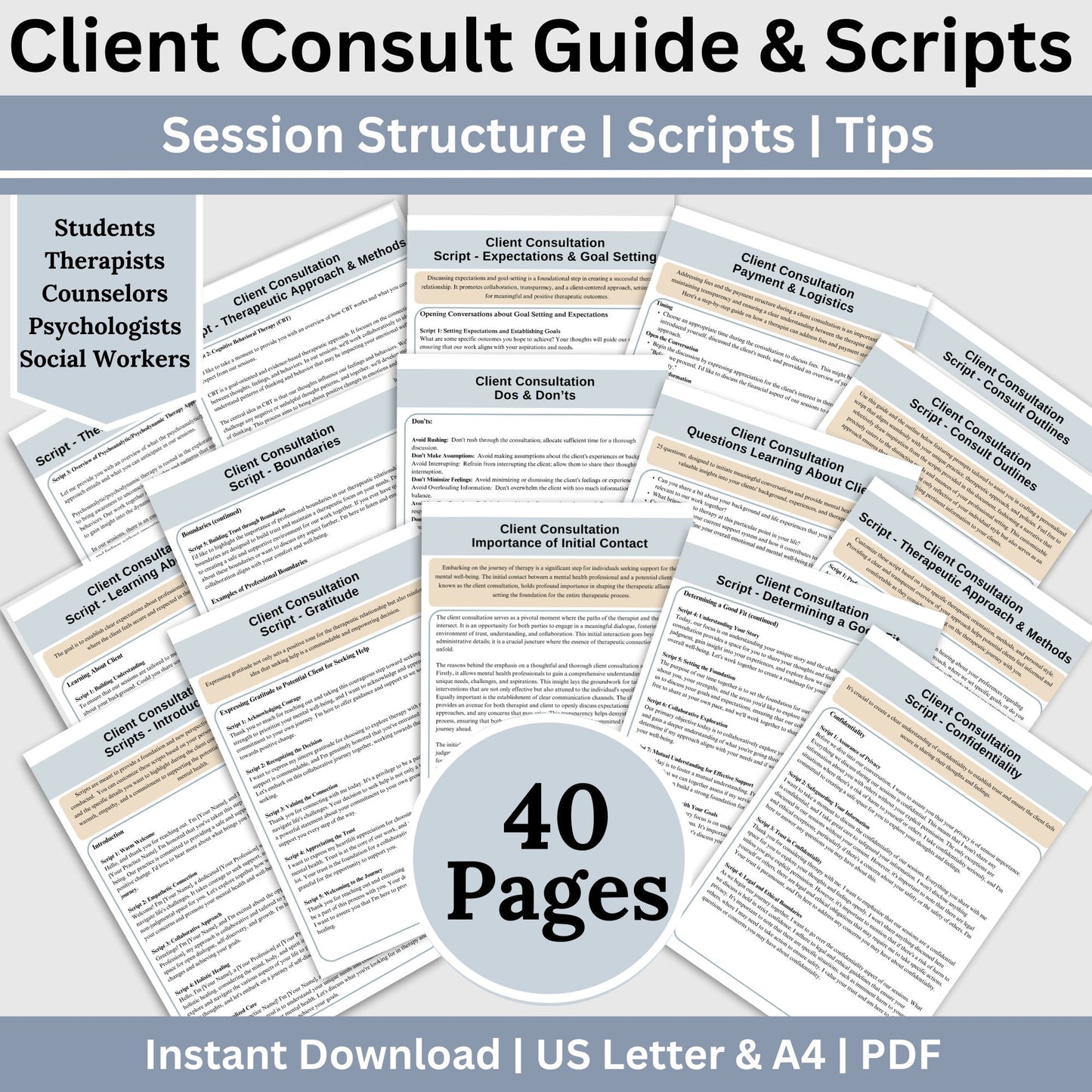 Look no further then this client consult cheat sheet, a comprehensive reference sheet that simplifies the client consult process by offering key therapy questions, therapy scripts, conversation starters, and more.