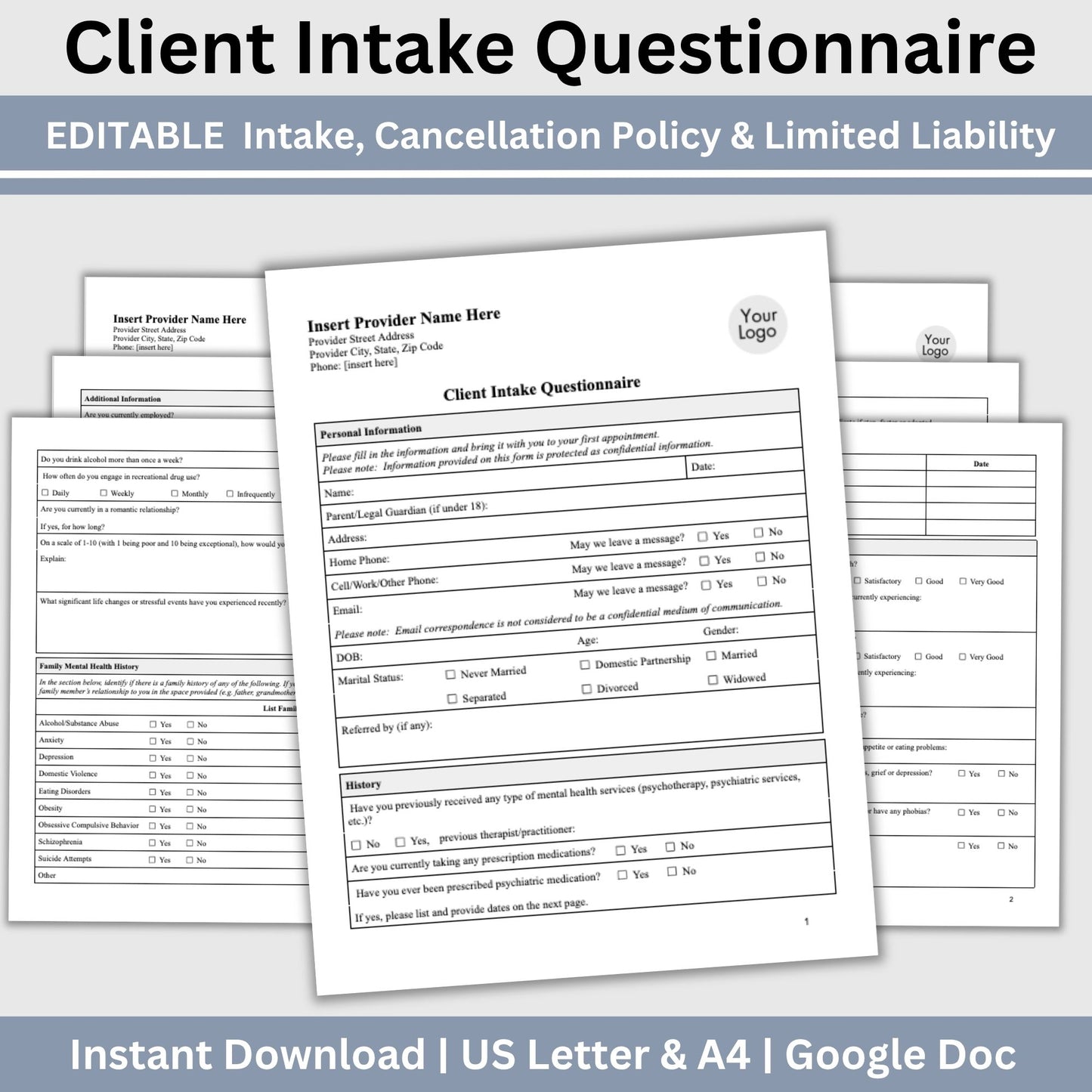 Client Intake Questionnaire Mental Health Forms Digital Download Google Doc 3 in 1 Bundle