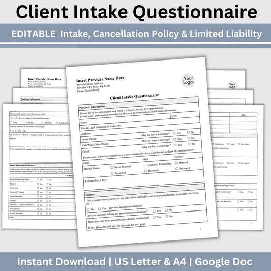 Client Intake Questionnaire Mental Health Forms Digital Download Google Doc 3 in 1 Bundle
