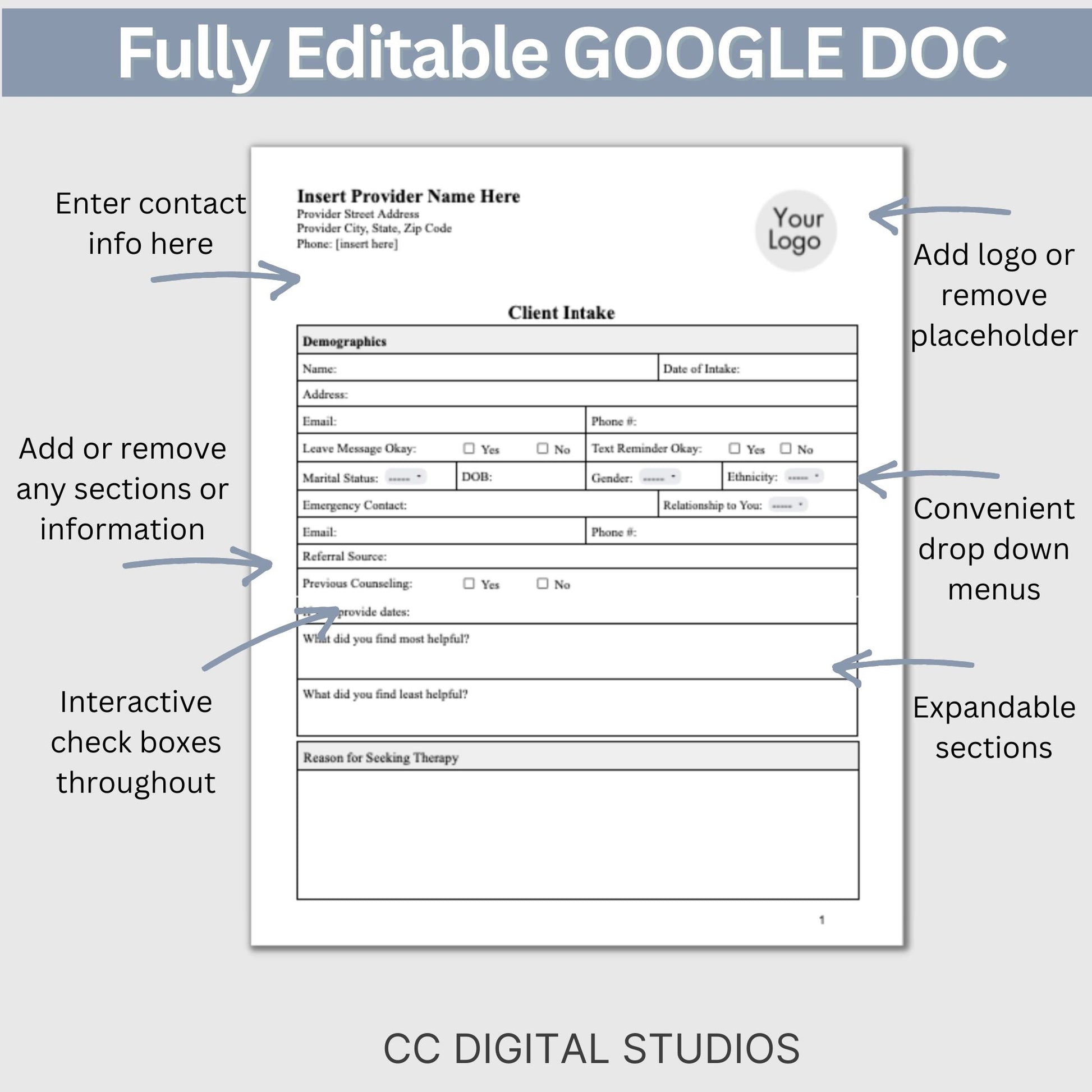 Comprehensive Mental Health Client Intake Form, a customizable Google Docs template specifically crafted for mental health practitioners, including therapists, counselors, psychologists, and social workers.