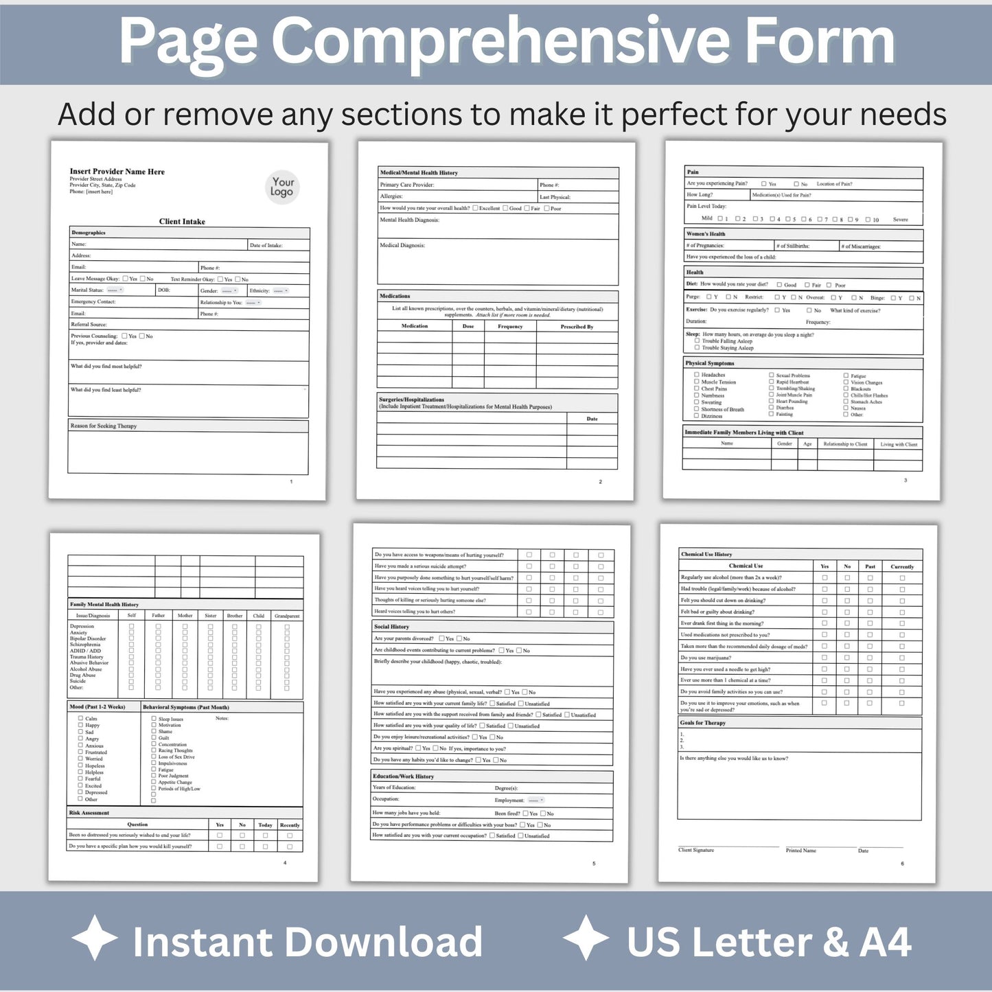 Comprehensive Mental Health Client Intake Form, a customizable Google Docs template specifically crafted for mental health practitioners, including therapists, counselors, psychologists, and social workers.