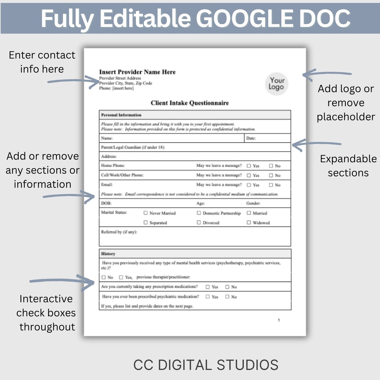 Client Intake Questionnaire Mental Health Forms Digital Download Google Doc 3 in 1 Bundle