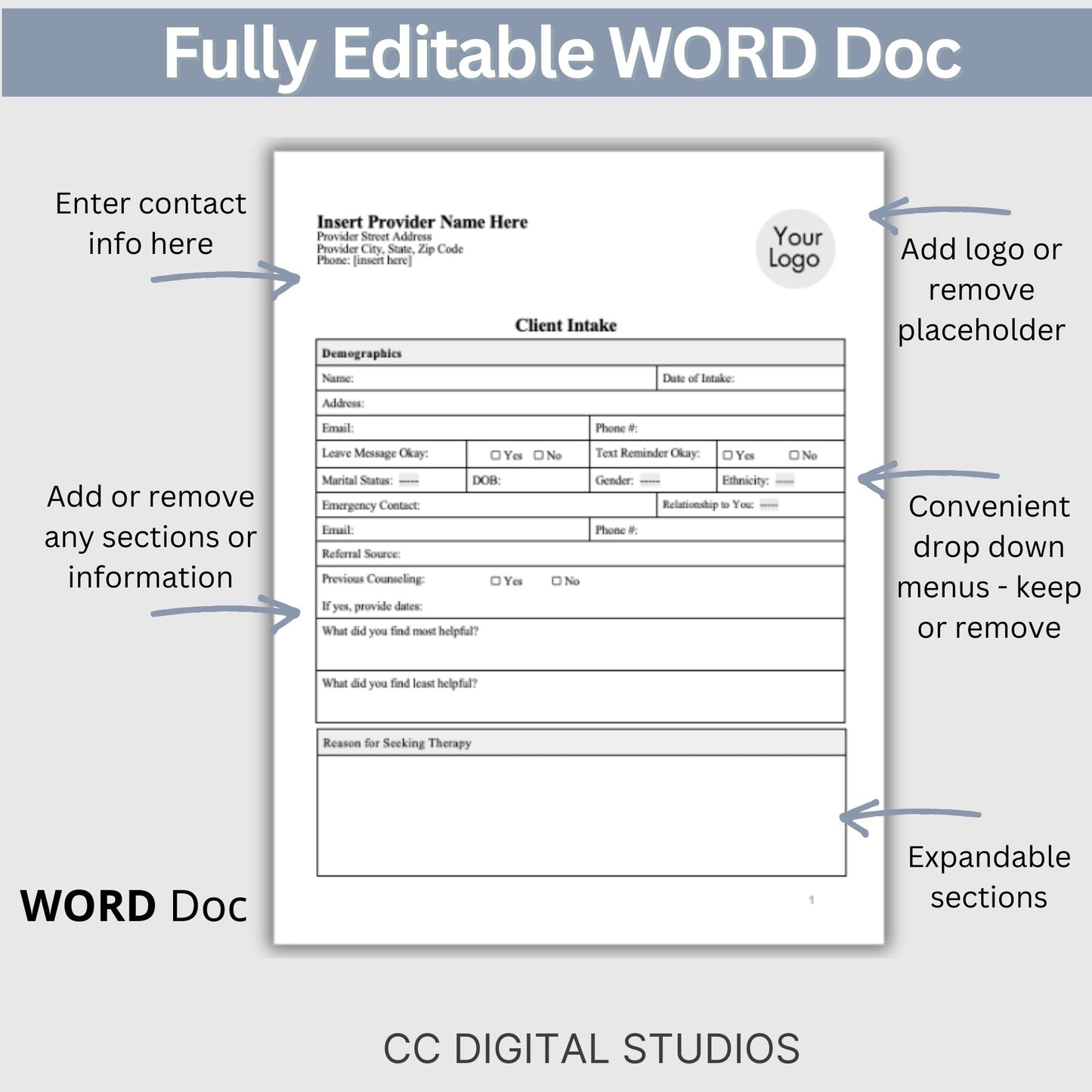 Mental Health Client Intake Form, a customizable WORD Docs template specifically crafted for mental health practitioners, including therapists, counselors, psychologists, and social workers.