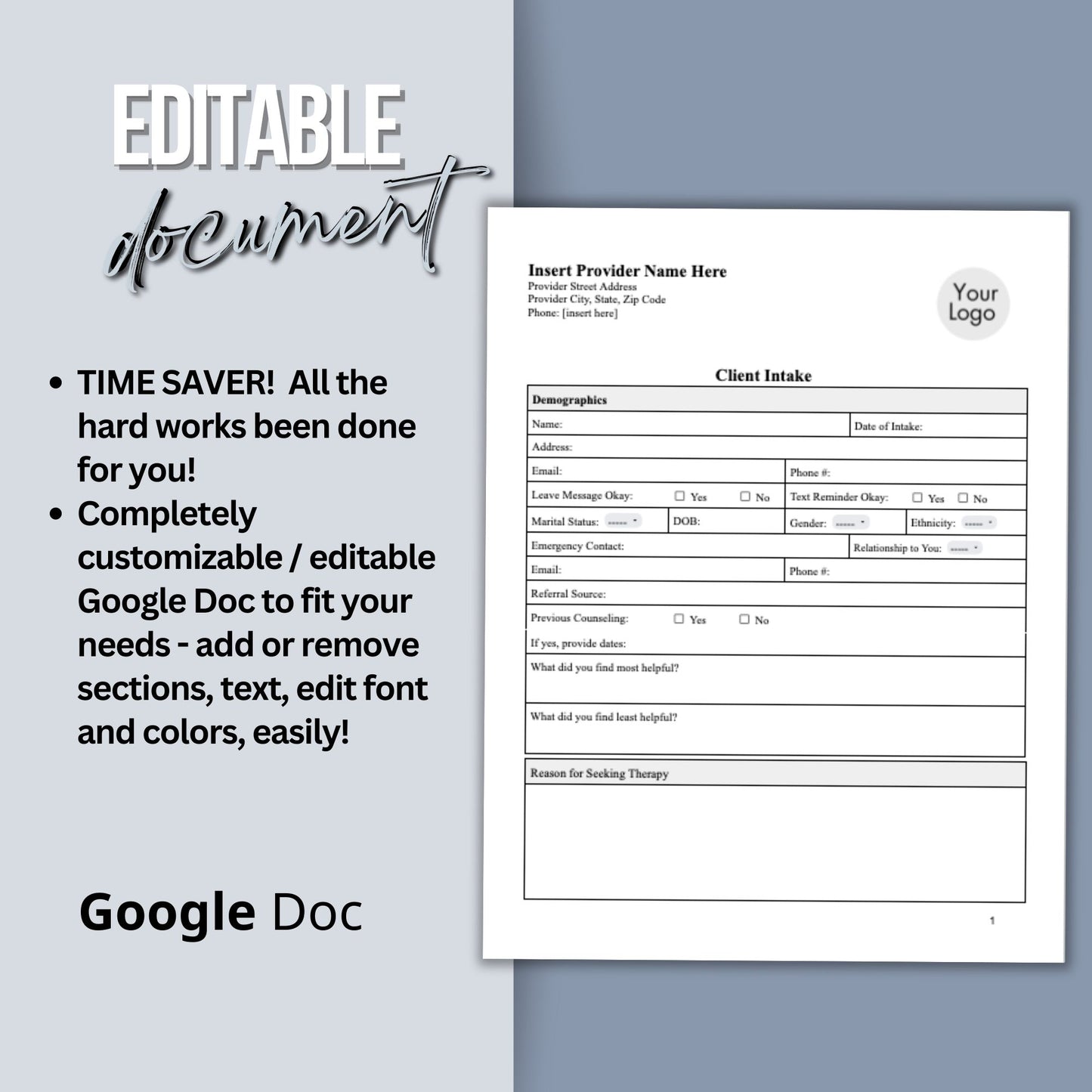 Comprehensive Mental Health Client Intake Form, a customizable Google Docs template specifically crafted for mental health practitioners, including therapists, counselors, psychologists, and social workers.