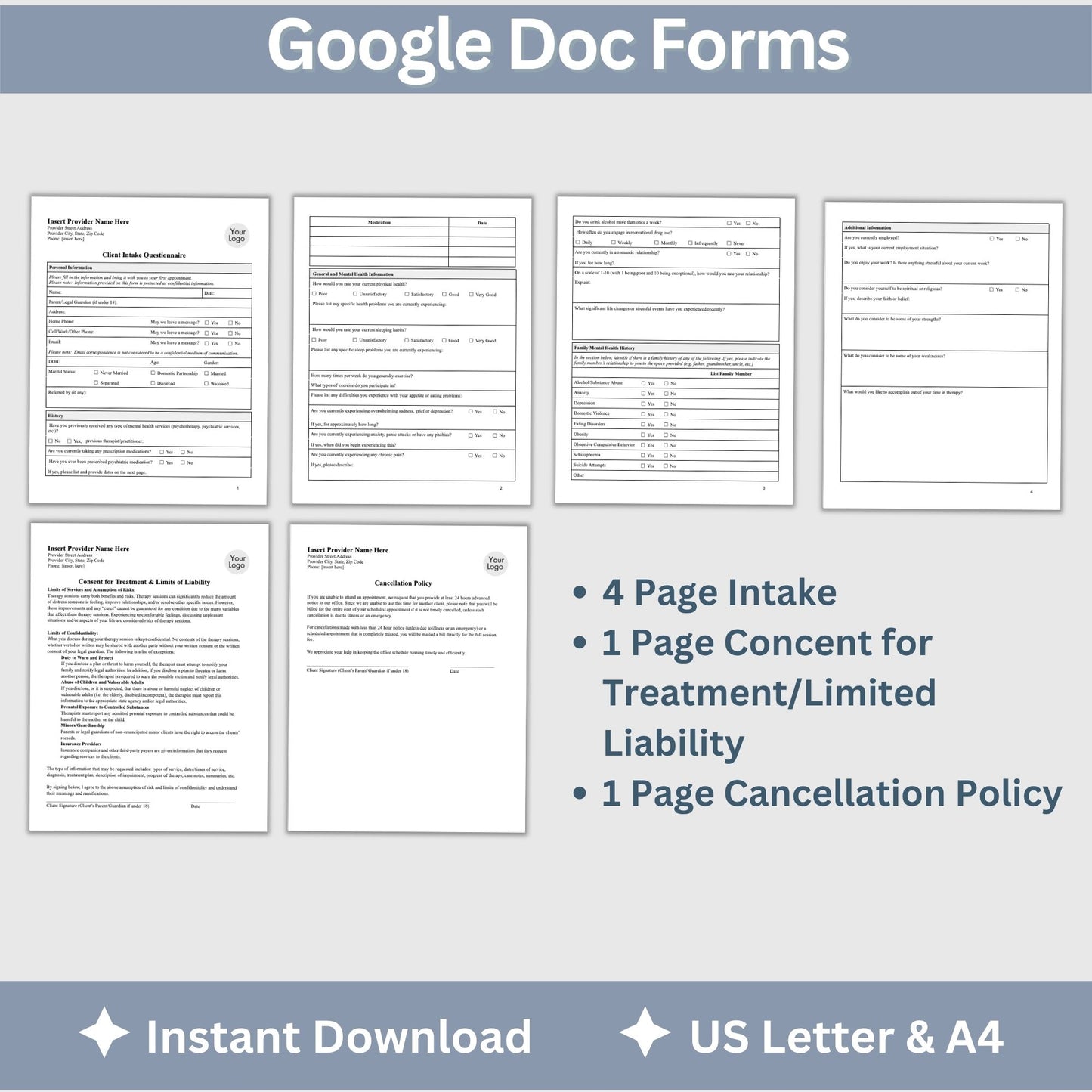 Client Intake Questionnaire Mental Health Forms Digital Download Google Doc 3 in 1 Bundle