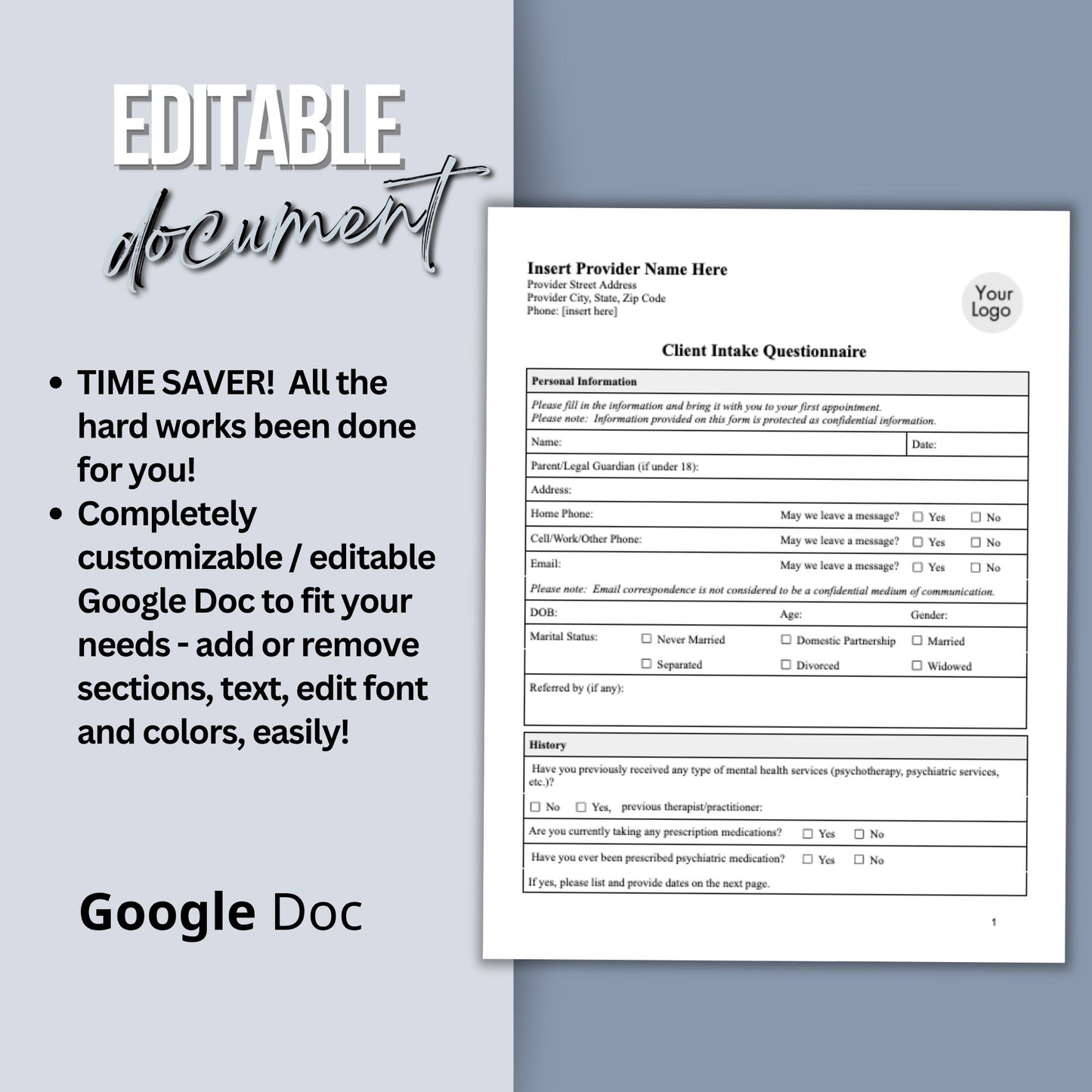 Client Intake Questionnaire Mental Health Forms Digital Download Google Doc 3 in 1 Bundle