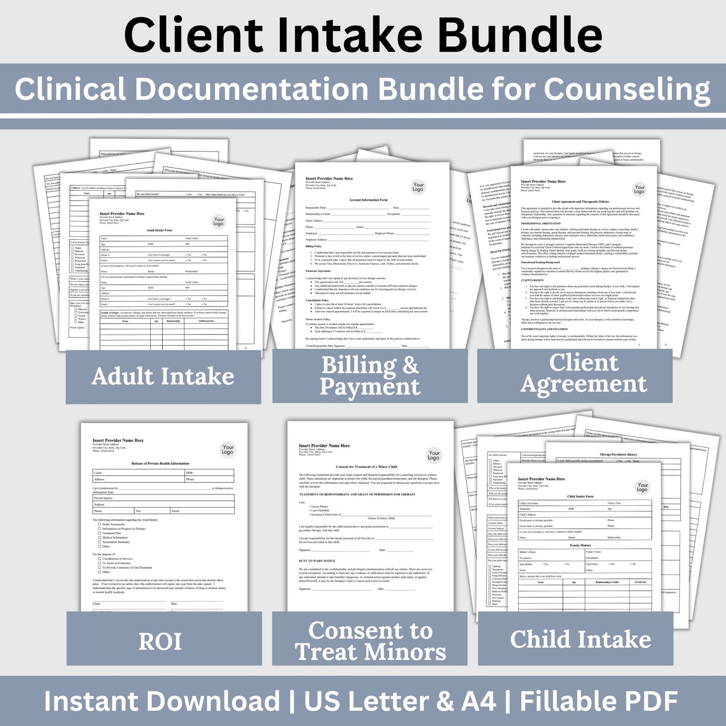 Counseling Forms Mental Health Practice Therapy Bundle - Fillable PDF