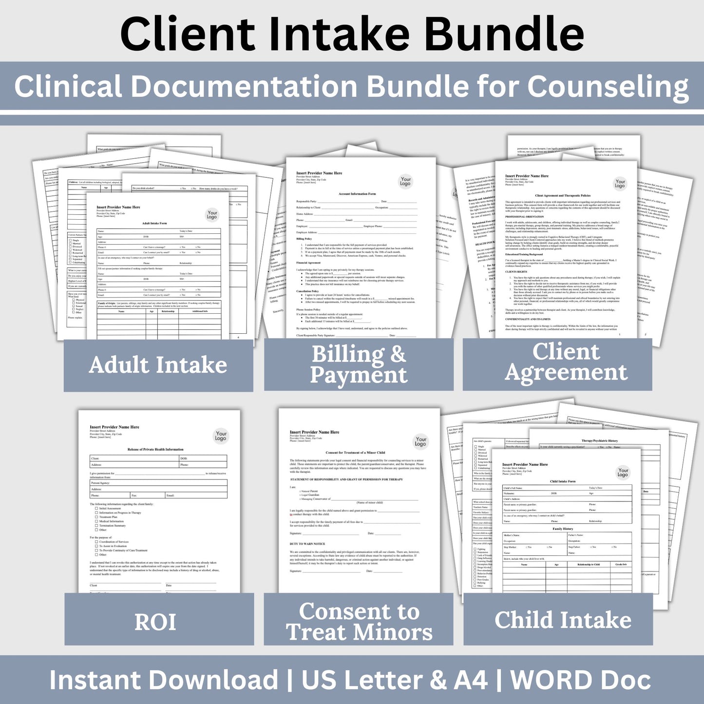 Counseling Forms Mental Health Practice Therapy Bundle - WORD Docs