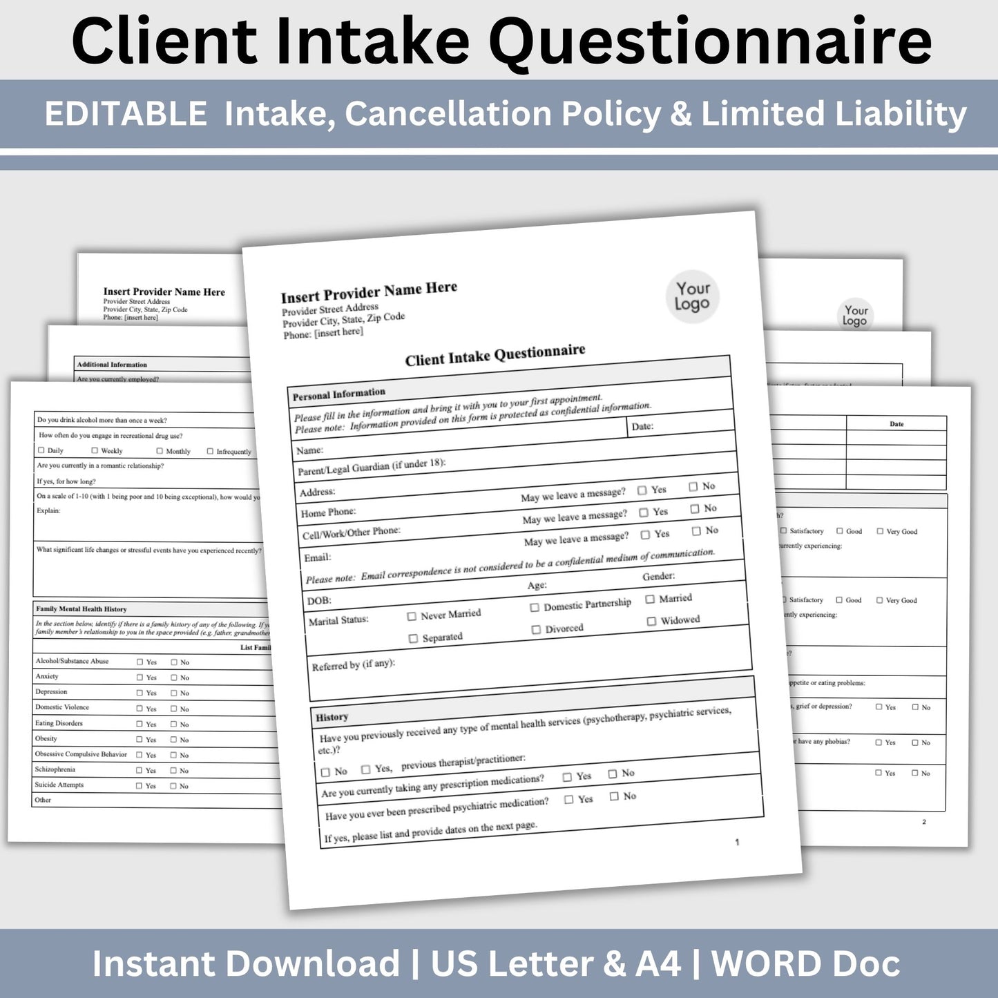 3 in 1 Client Intake Questionnaire for Counseling Office (WORD Doc, Digital Download)
