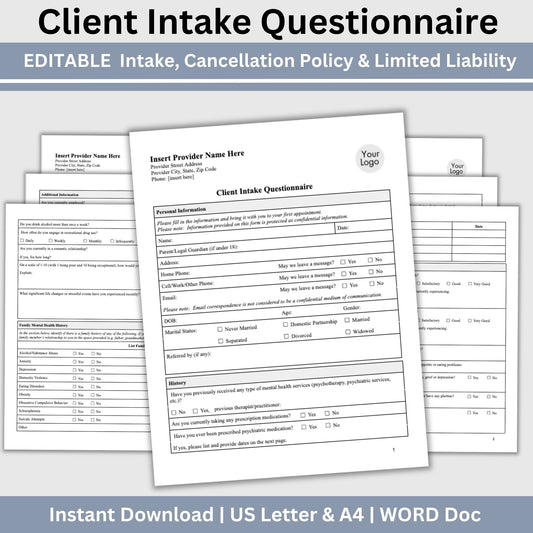 3 in 1 Client Intake Questionnaire for Counseling Office (WORD Doc, Digital Download)