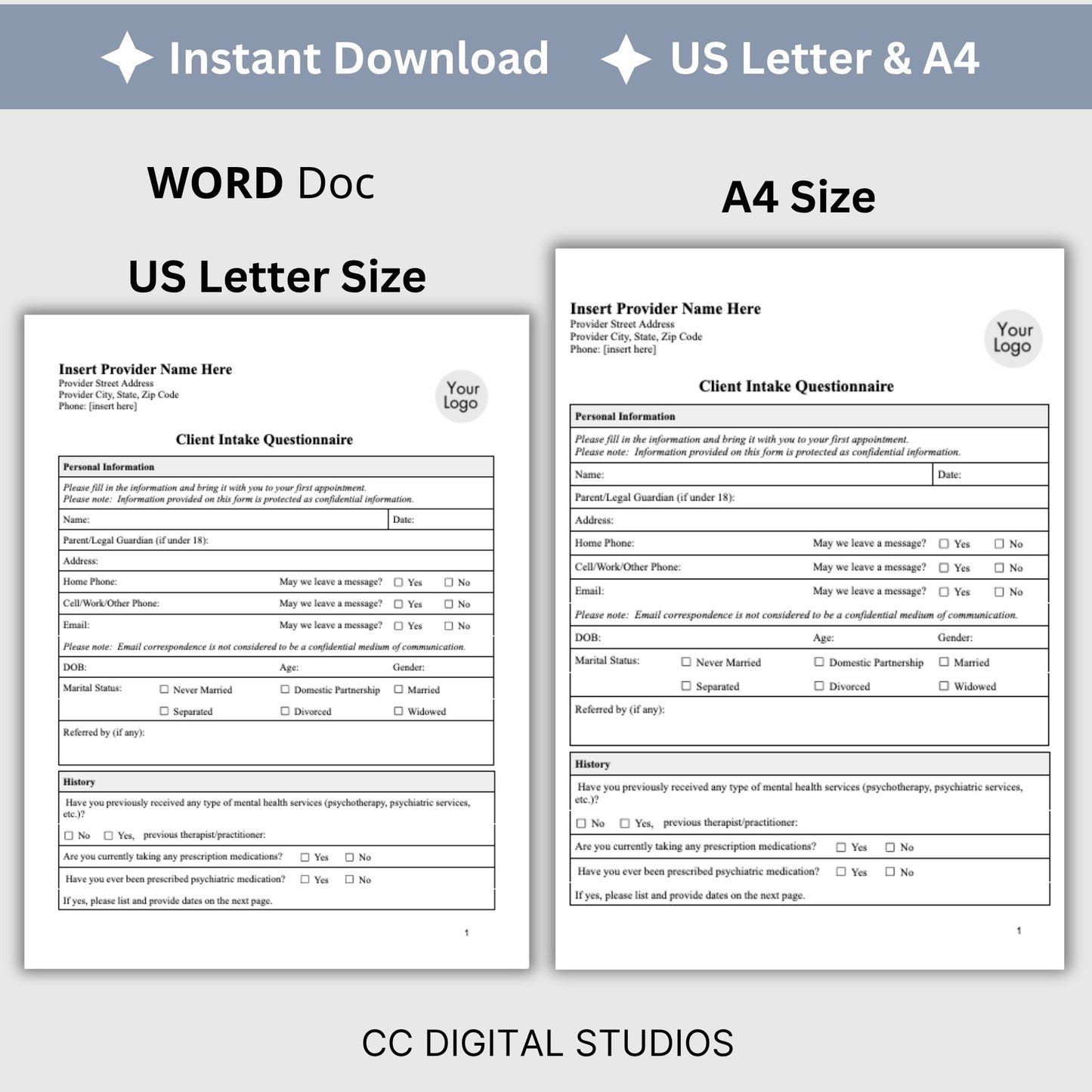 3 in 1 Client Intake Questionnaire for Counseling Office (WORD Doc, Digital Download)