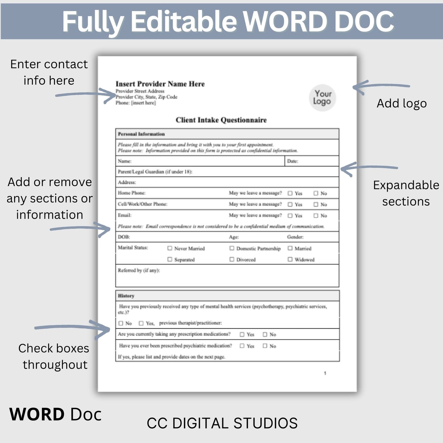 3 in 1 Client Intake Questionnaire for Counseling Office (WORD Doc, Digital Download)