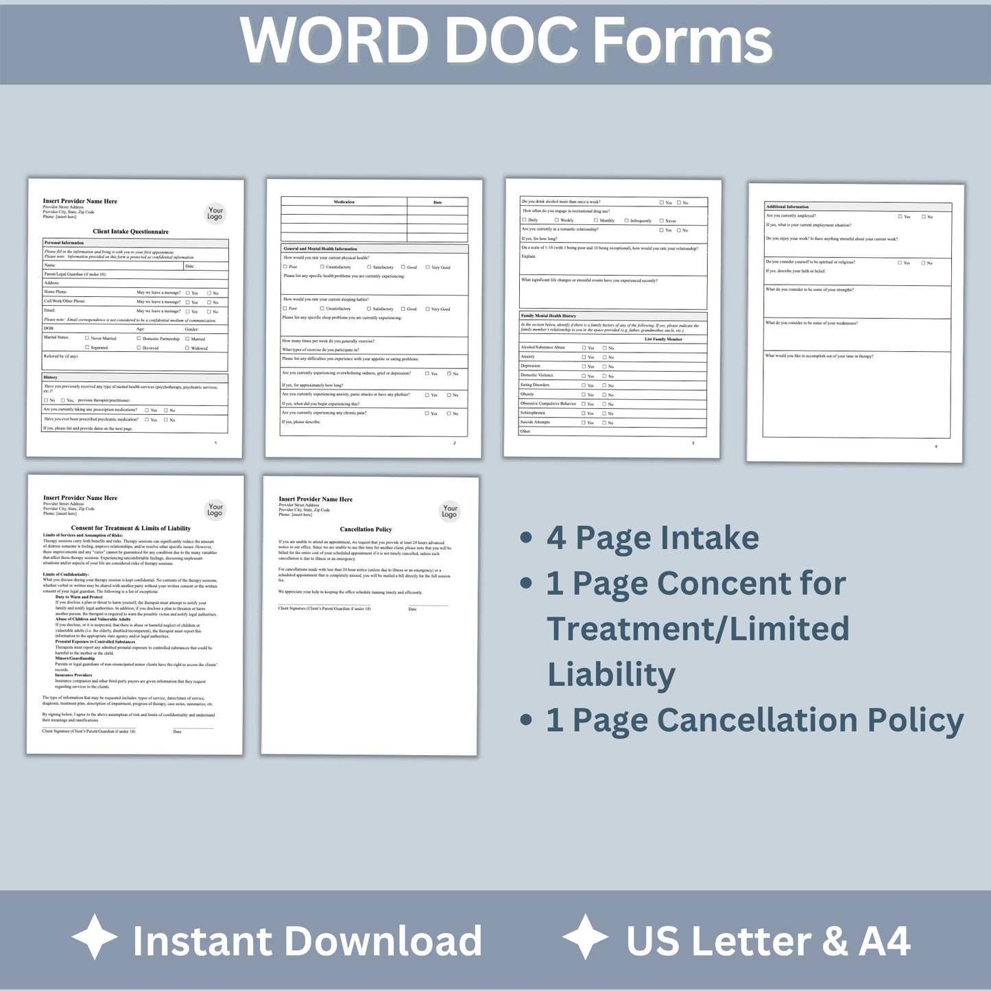 3 in 1 Client Intake Questionnaire for Counseling Office (WORD Doc, Digital Download)