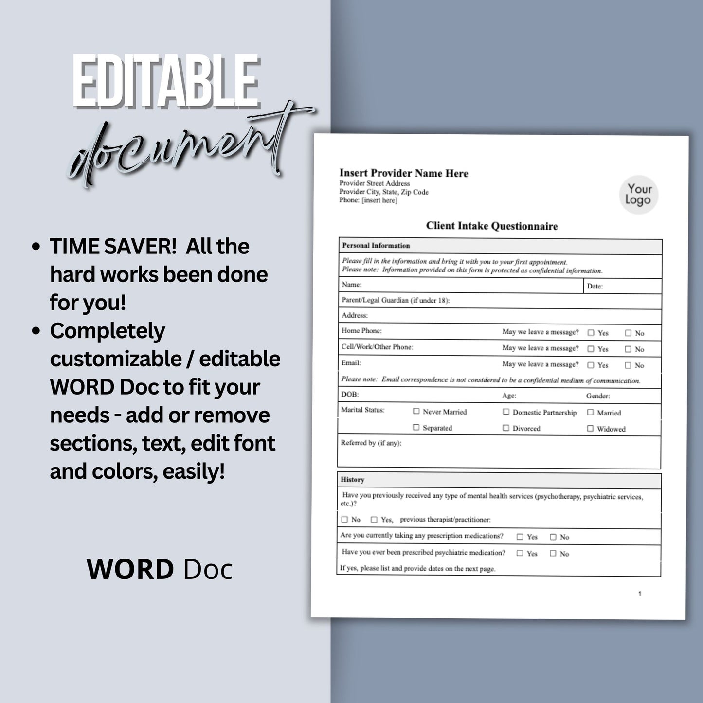 3 in 1 Client Intake Questionnaire for Counseling Office (WORD Doc, Digital Download)