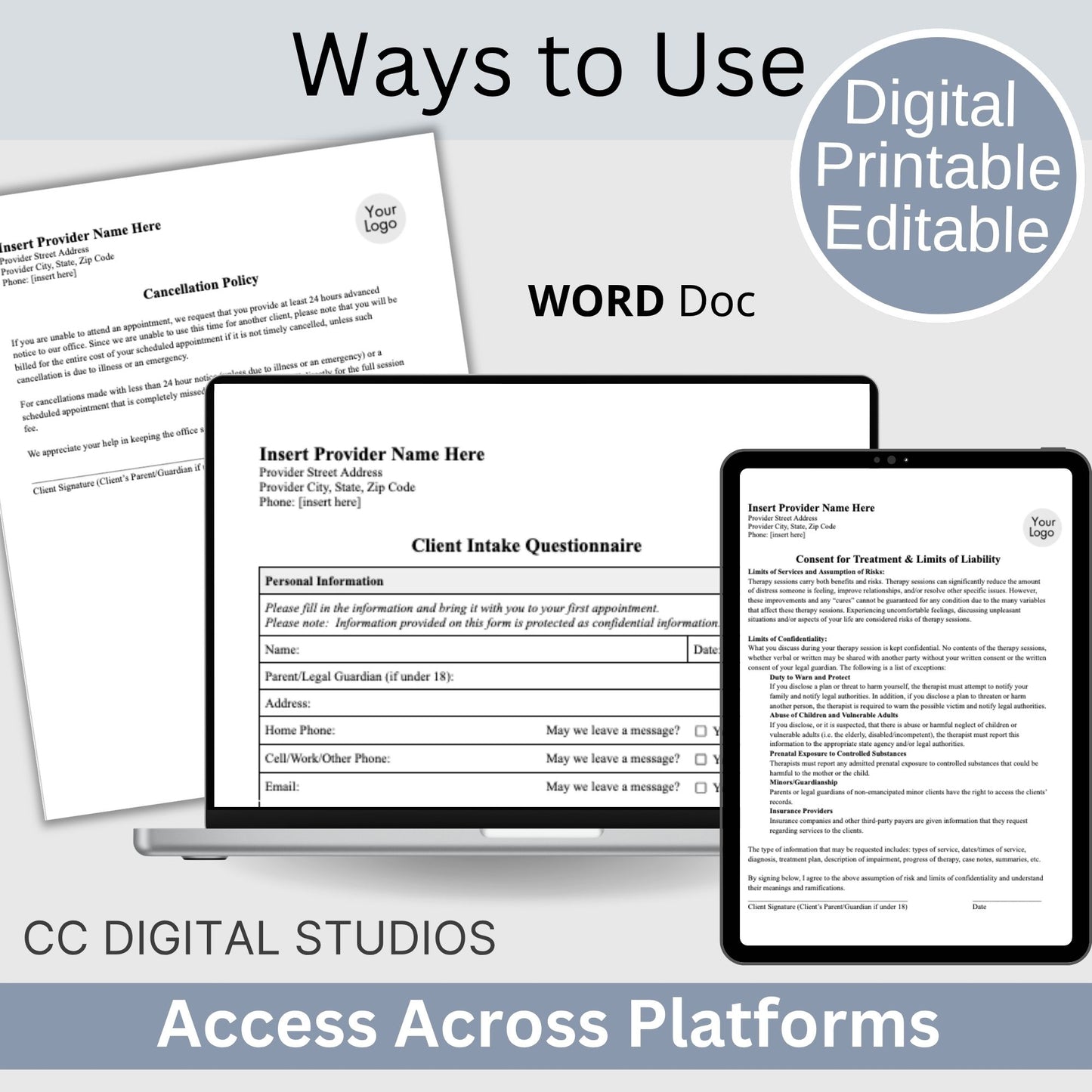 3 in 1 Client Intake Questionnaire for Counseling Office (WORD Doc, Digital Download)