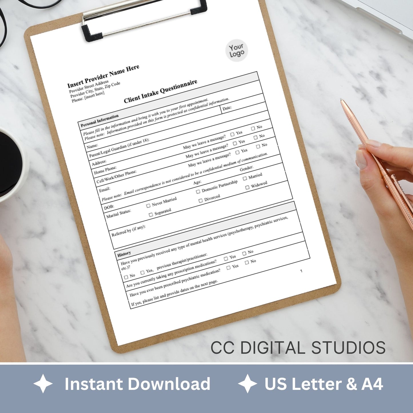 3 in 1 Client Intake Questionnaire for Counseling Office (WORD Doc, Digital Download)