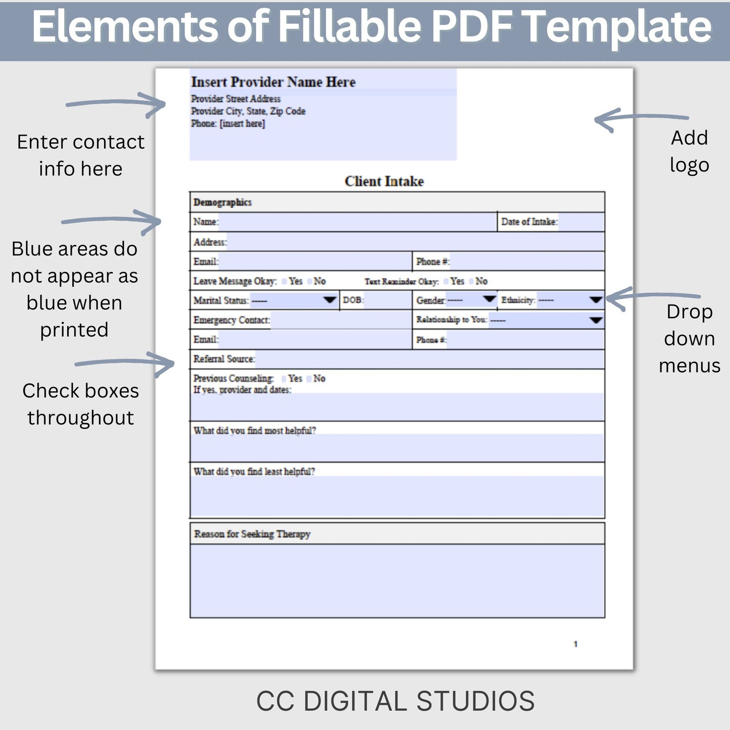 Comprehensive Mental Health Client Intake Form, a customizable fillable pdf template specifically crafted for mental health practitioners, including therapists, counselors, psychologists, and social workers.