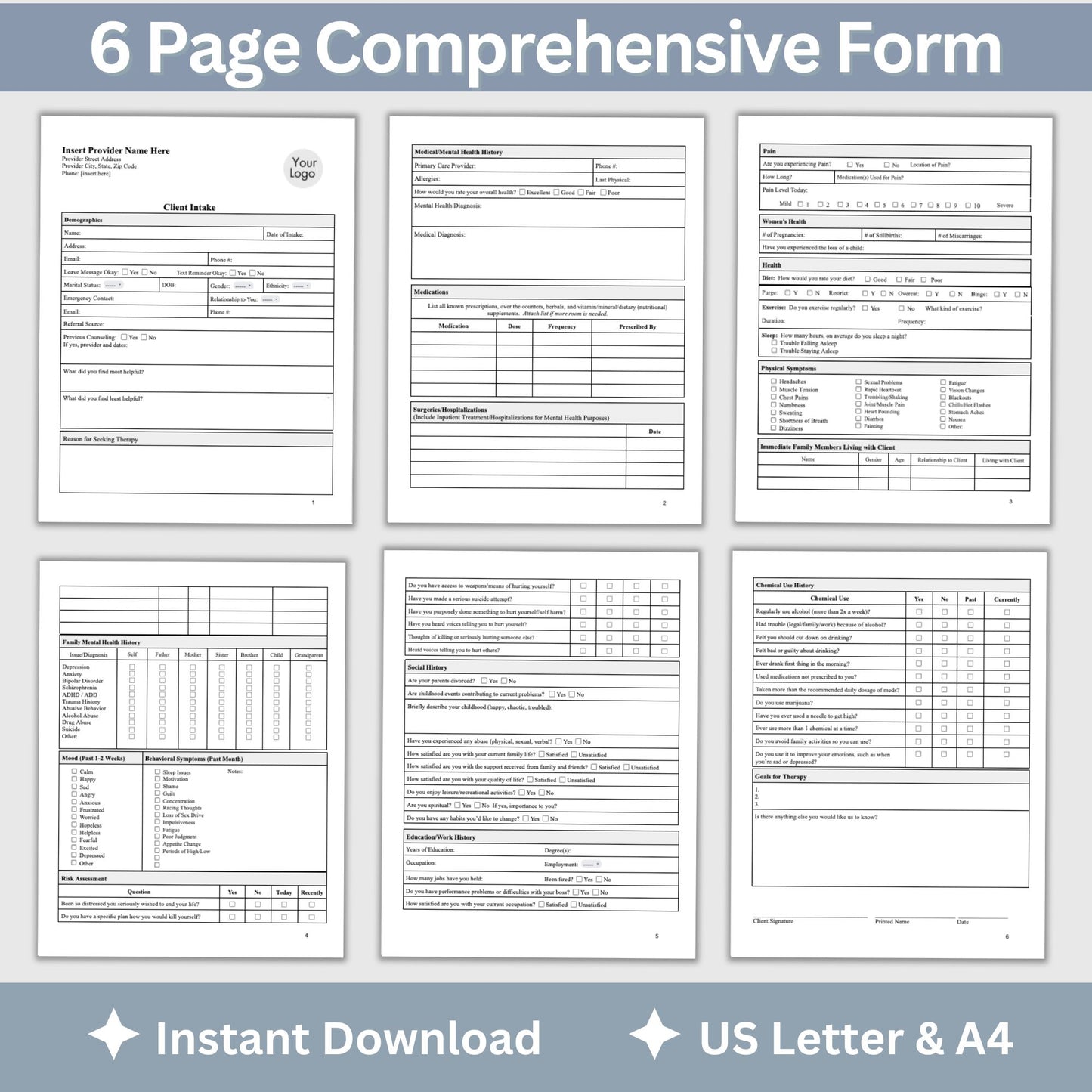 Comprehensive Mental Health Client Intake Form, a customizable fillable pdf template specifically crafted for mental health practitioners, including therapists, counselors, psychologists, and social workers.