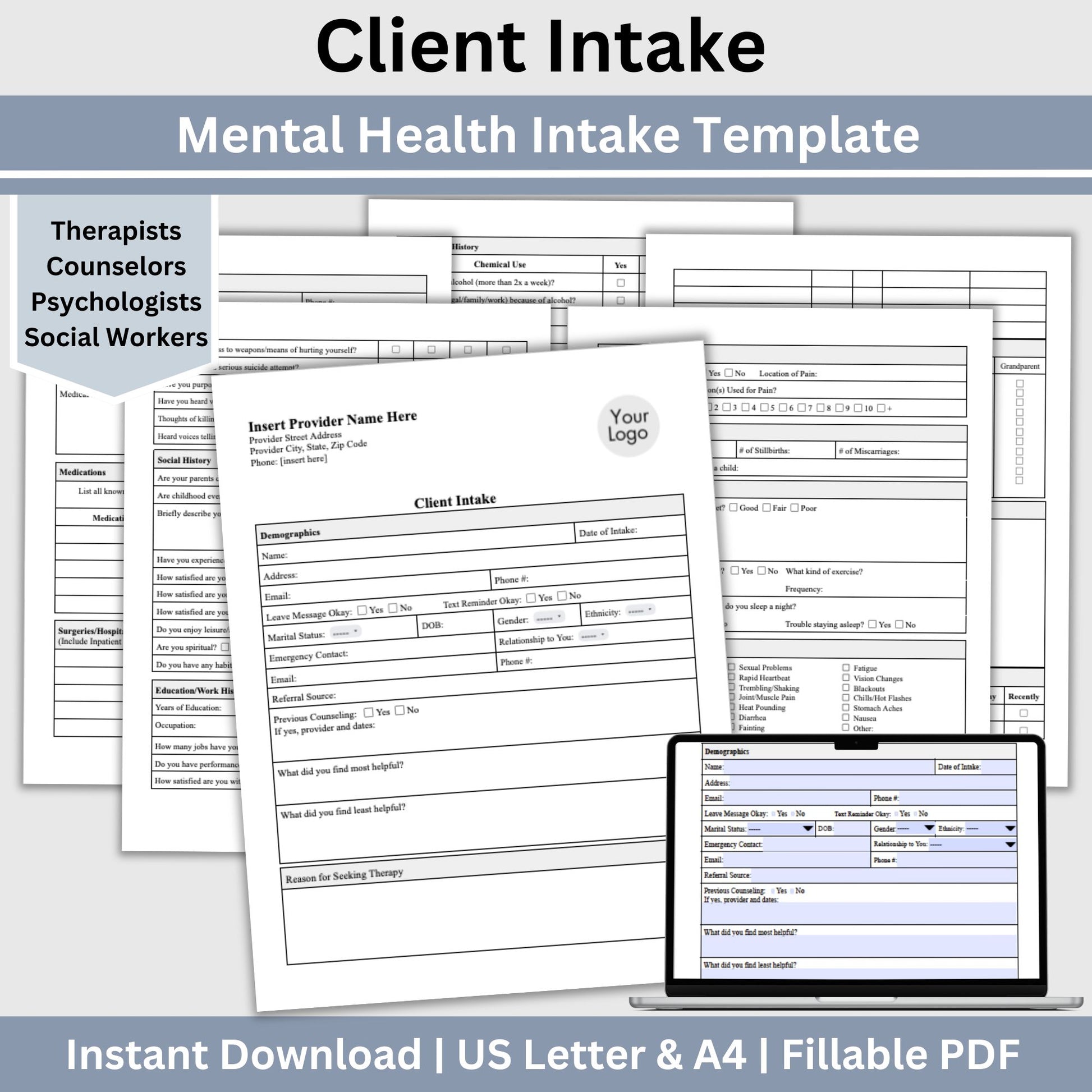 Comprehensive Mental Health Client Intake Form, a customizable fillable pdf template specifically crafted for mental health practitioners, including therapists, counselors, psychologists, and social workers.