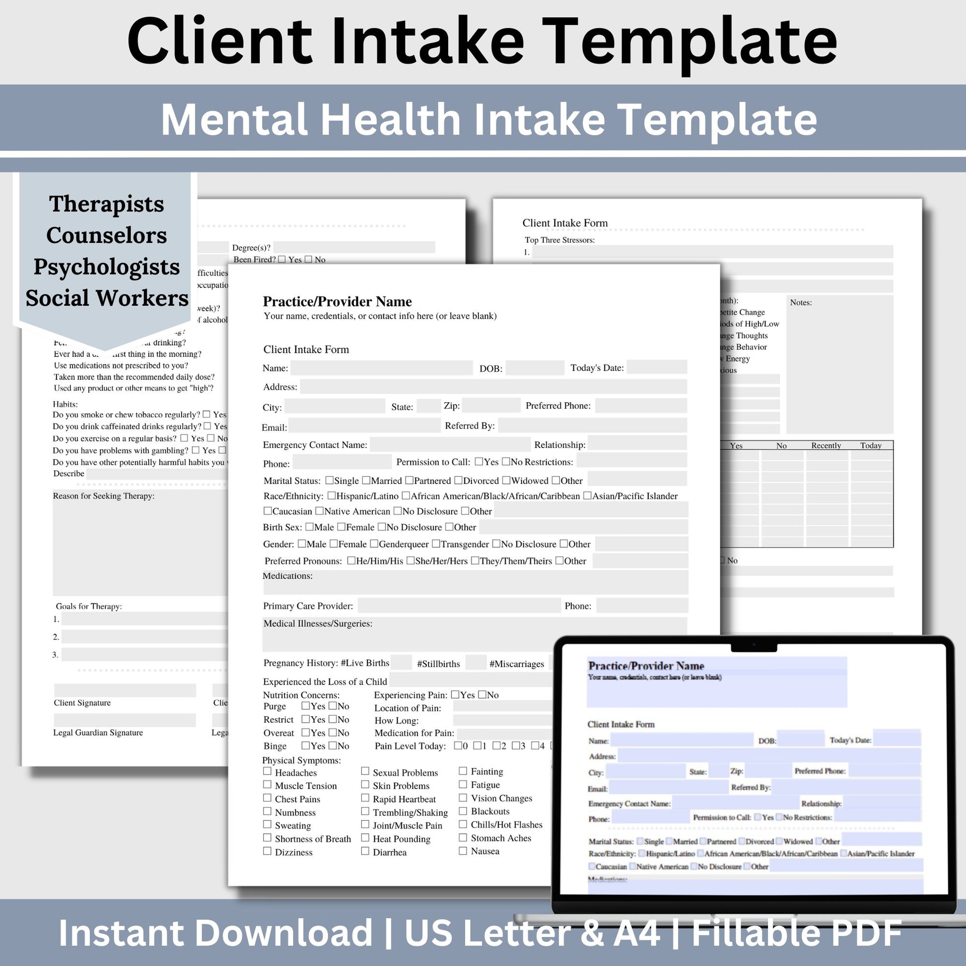 Client Intake Form Fillable PDF for Therapist Office, Private Practice –  CCDigitalStudios