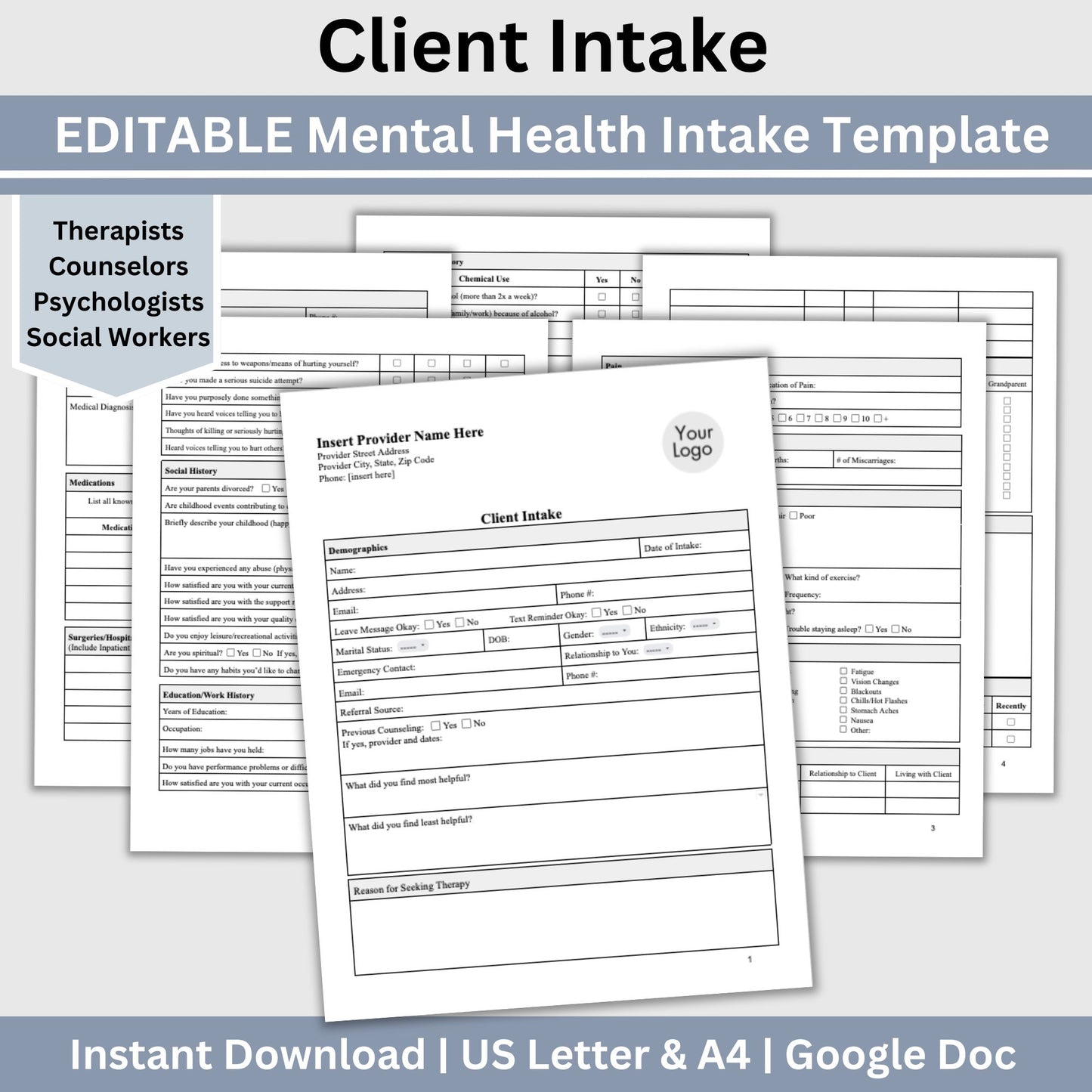 Comprehensive Mental Health Client Intake Form, a customizable Google Docs template specifically crafted for mental health practitioners, including therapists, counselors, psychologists, and social workers.