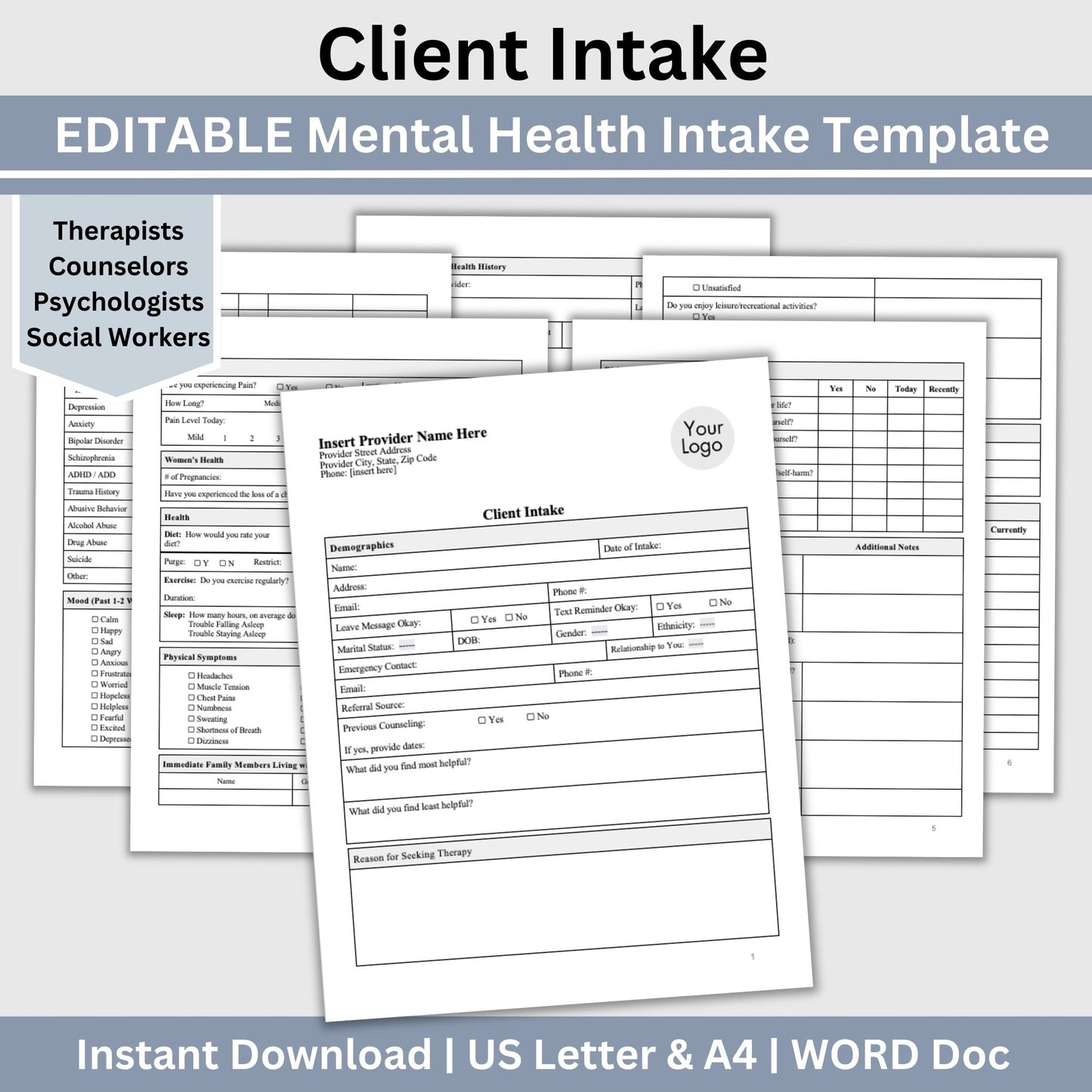 Mental Health Client Intake Form, a customizable WORD Docs template specifically crafted for mental health practitioners, including therapists, counselors, psychologists, and social workers.