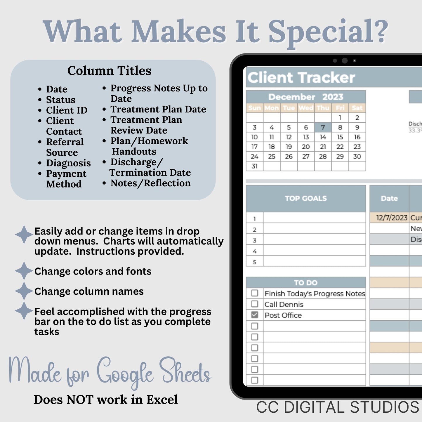 Client Tracker for Google Sheets document is tailored for mental health professionals to efficiently manage their client caseload. This client tracker is designed to streamline the workflow of therapists in private practice or counseling offices, offering a centralized platform for client session tracking and management.