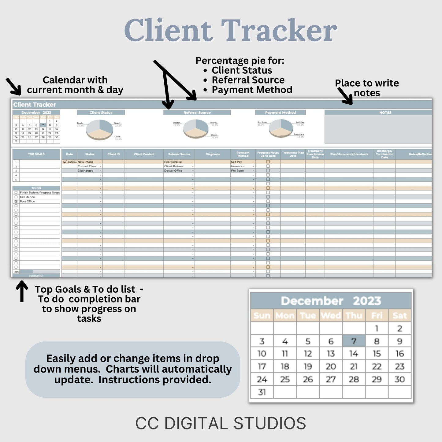 Client Tracker for Google Sheets document is tailored for mental health professionals to efficiently manage their client caseload. This client tracker is designed to streamline the workflow of therapists in private practice or counseling offices, offering a centralized platform for client session tracking and management.