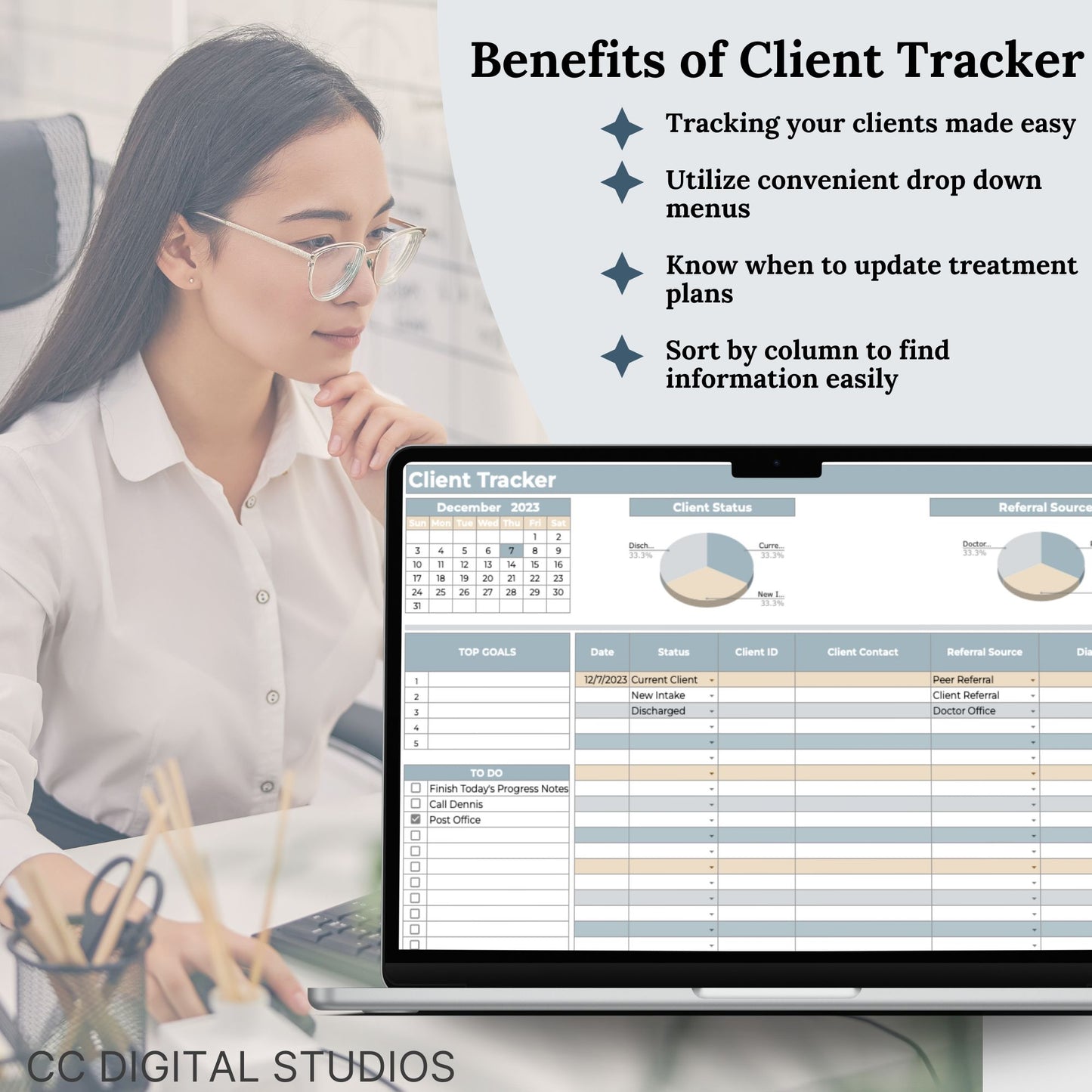 Client Tracker for Google Sheets document is tailored for mental health professionals to efficiently manage their client caseload. This client tracker is designed to streamline the workflow of therapists in private practice or counseling offices, offering a centralized platform for client session tracking and management.