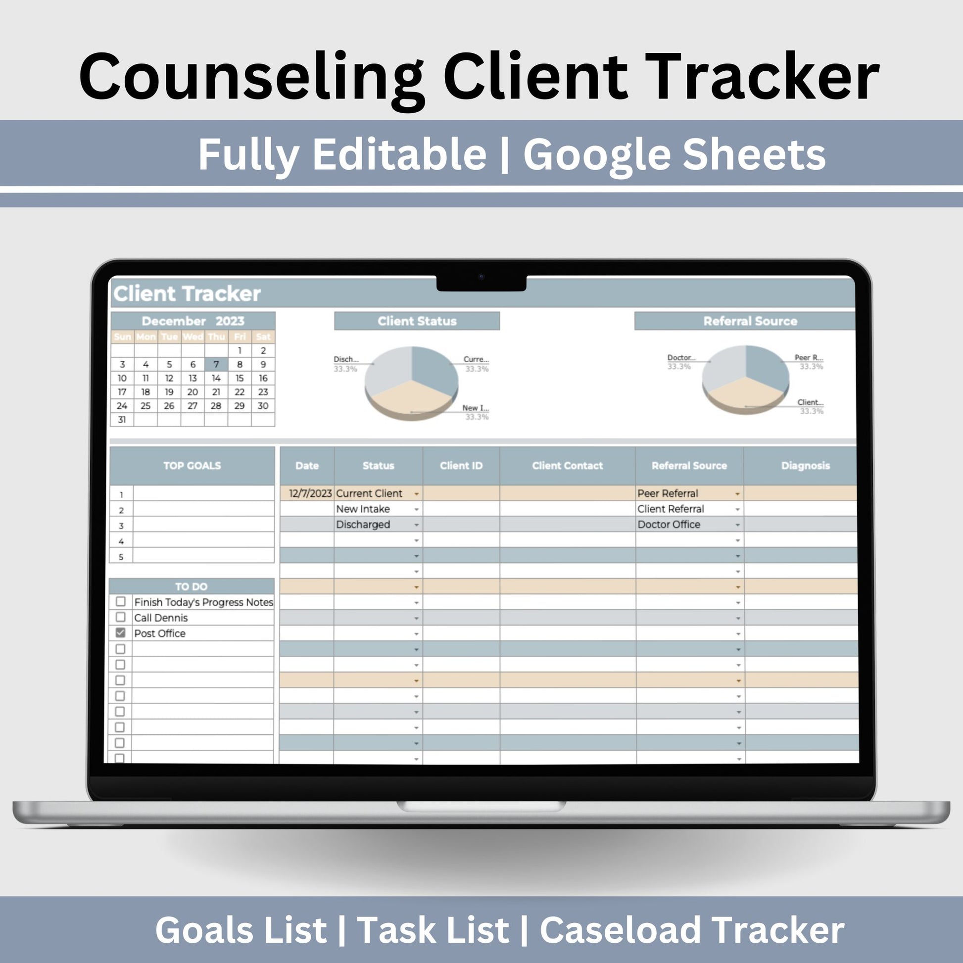 Client Tracker for Google Sheets document is tailored for mental health professionals to efficiently manage their client caseload. This client tracker is designed to streamline the workflow of therapists in private practice or counseling offices, offering a centralized platform for client session tracking and management.