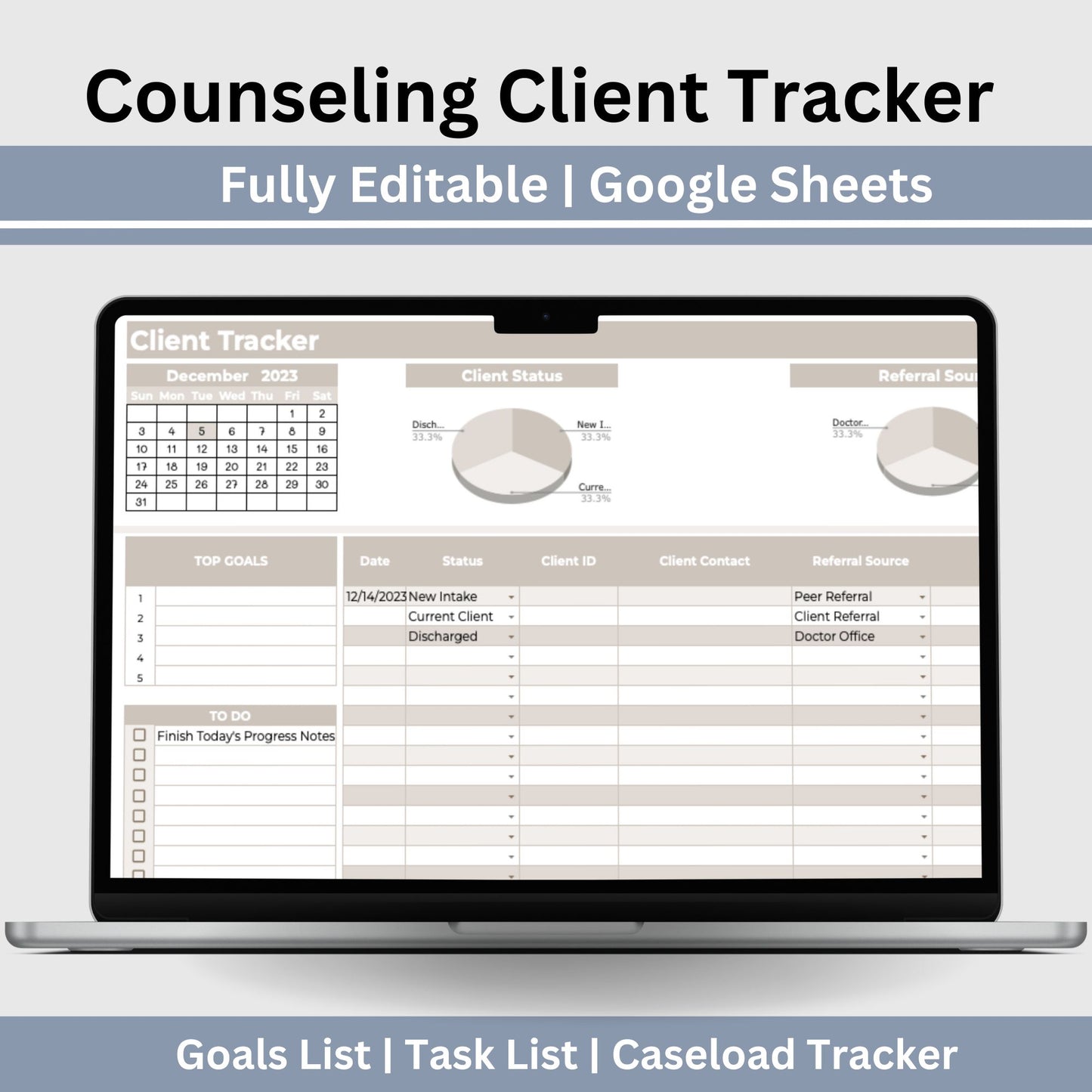 Client Tracker for Google Sheets document is tailored for mental health professionals to efficiently manage their client caseload. This client tracker is designed to streamline the workflow of therapists in private practice or counseling offices, offering a centralized platform for client session tracking and management.