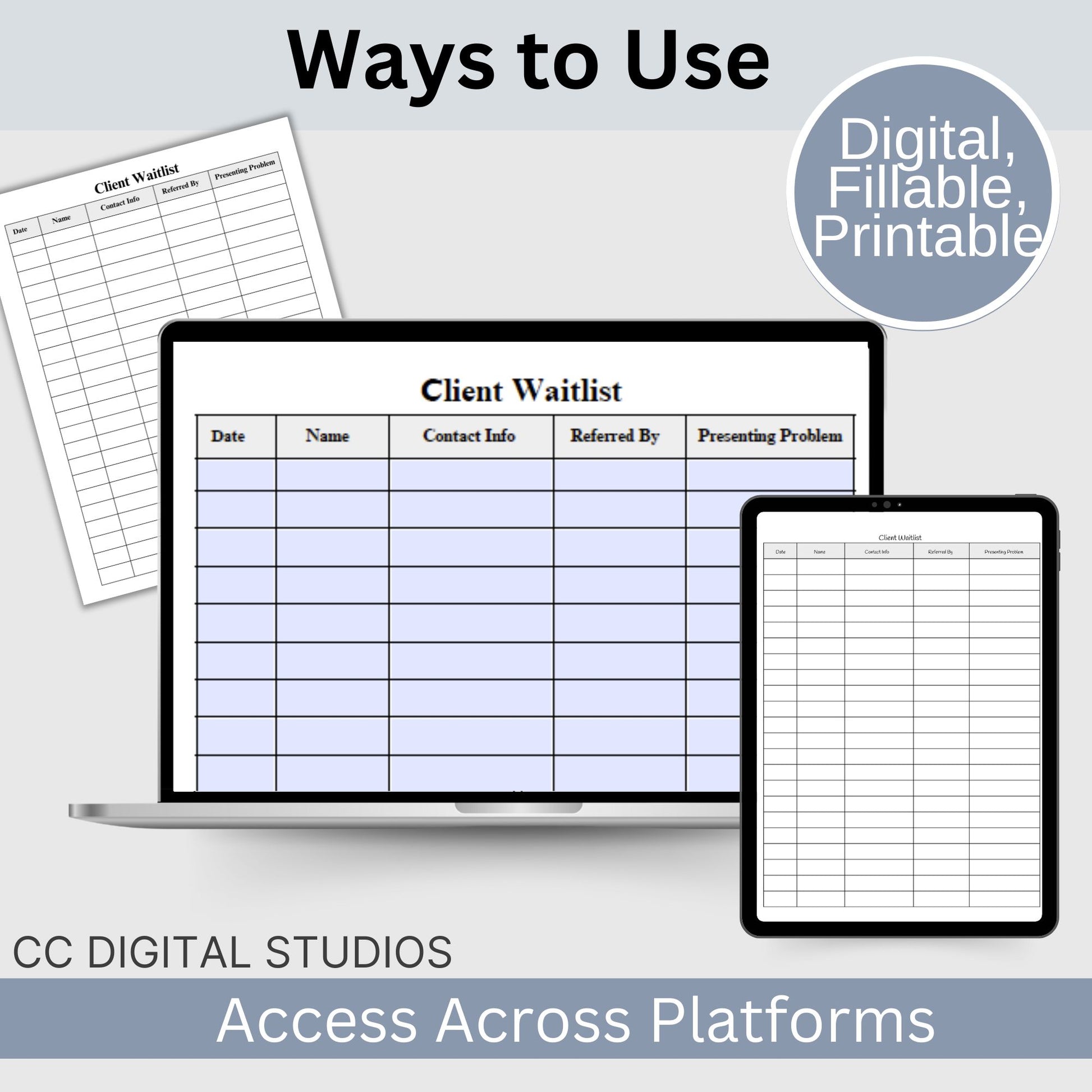 For therapists office and counselors to track their new client intakes and use as a waitlist.  Printable and Fillable forms come in portrait and landscape.  Perfect to keep your private practice organized.