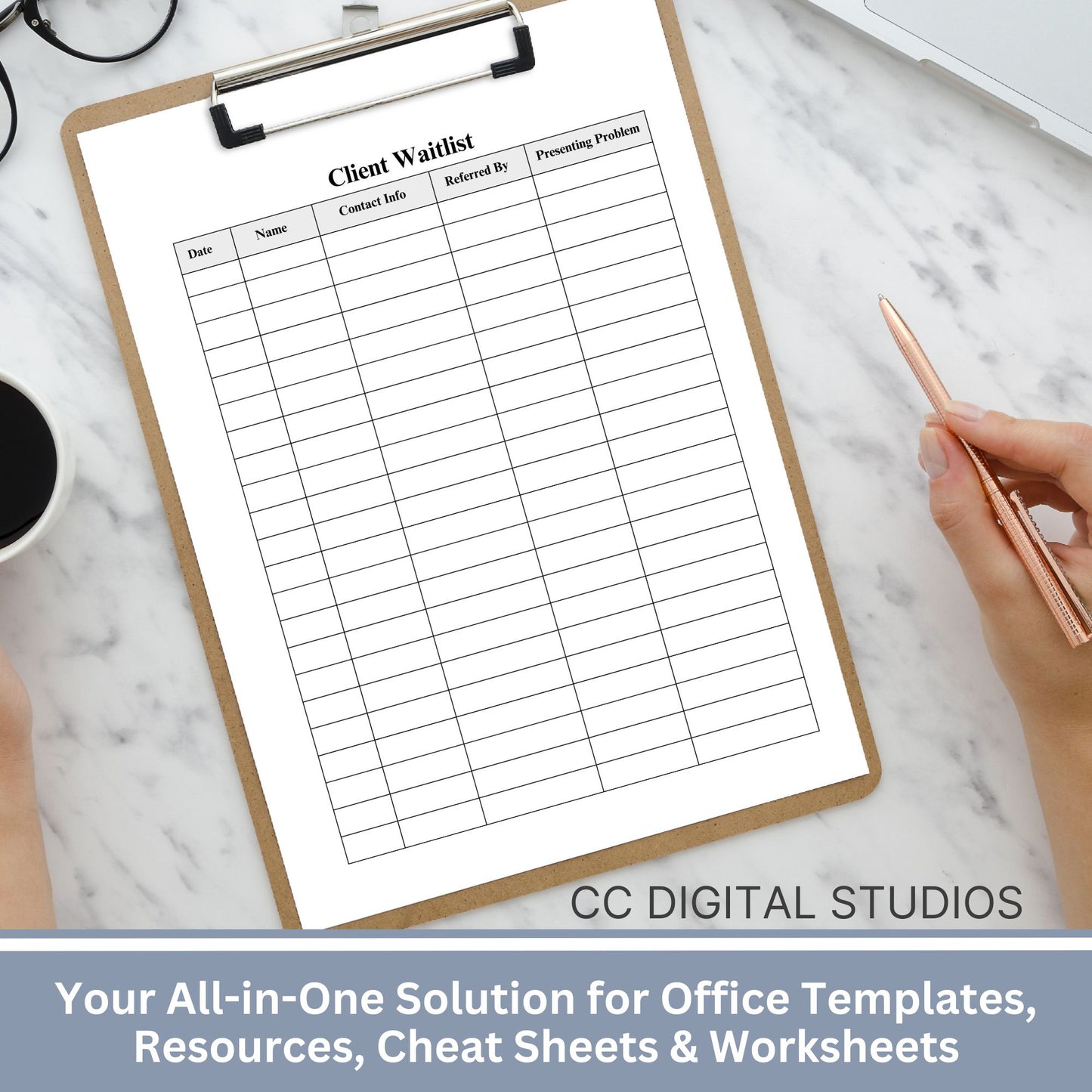 For therapists office and counselors to track their new client intakes and use as a waitlist.  Printable and Fillable forms come in portrait and landscape.  Perfect to keep your private practice organized.