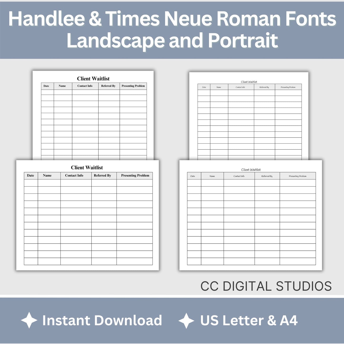 For therapists office and counselors to track their new client intakes and use as a waitlist.  Printable and Fillable forms come in portrait and landscape.  Perfect to keep your private practice organized.