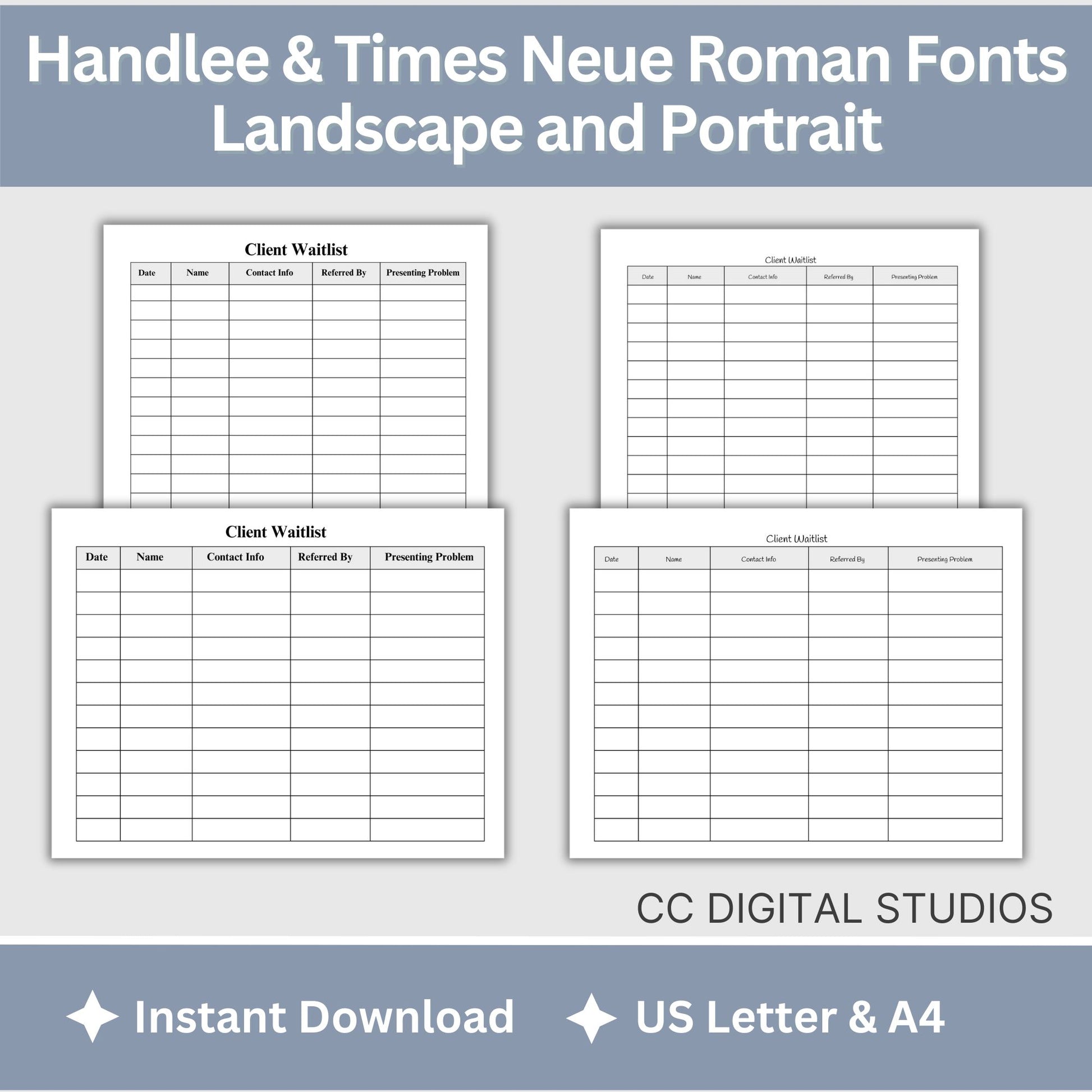 For therapists office and counselors to track their new client intakes and use as a waitlist.  Printable and Fillable forms come in portrait and landscape.  Perfect to keep your private practice organized.