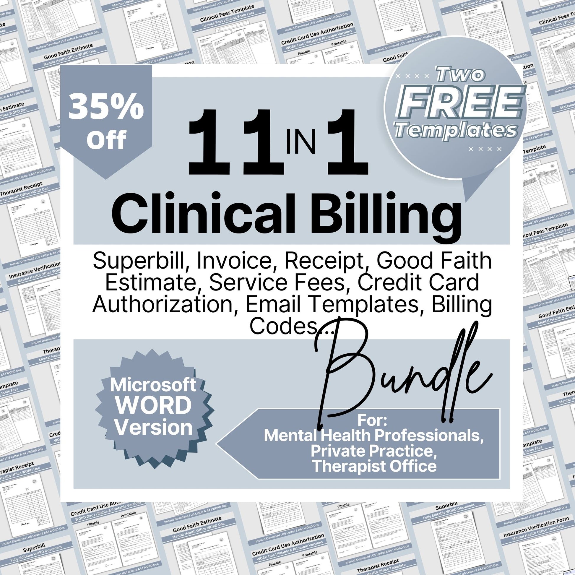 SAVE 35% when you buy our clinical billing bundle for client billing!  Set your private practice up for success with billing/invoicing and insurance tools.  Professional therapist office billing forms with easy to use WORD Doc templates.
