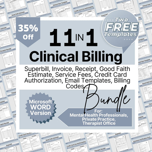 SAVE 35% when you buy our clinical billing bundle for client billing!  Set your private practice up for success with billing/invoicing and insurance tools.  Professional therapist office billing forms with easy to use WORD Doc templates.