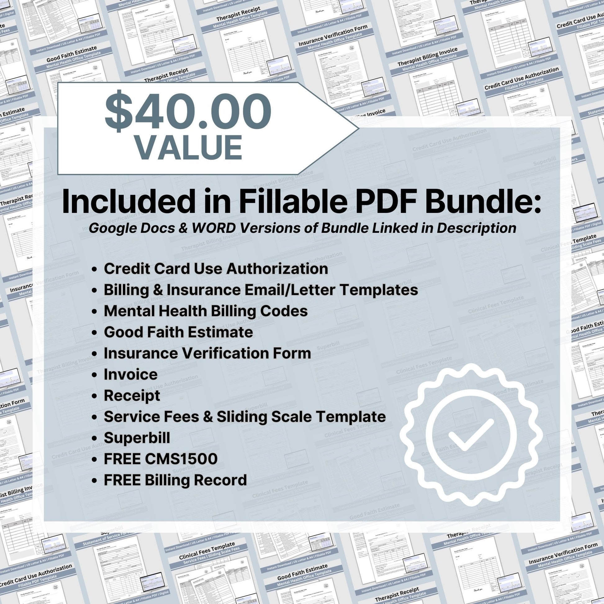 SAVE 35% when you buy our clinical billing bundle!  Set your private practice up for success with billing/invoicing and insurance tools.  Professional private practice fillable PDF forms for your therapist office.