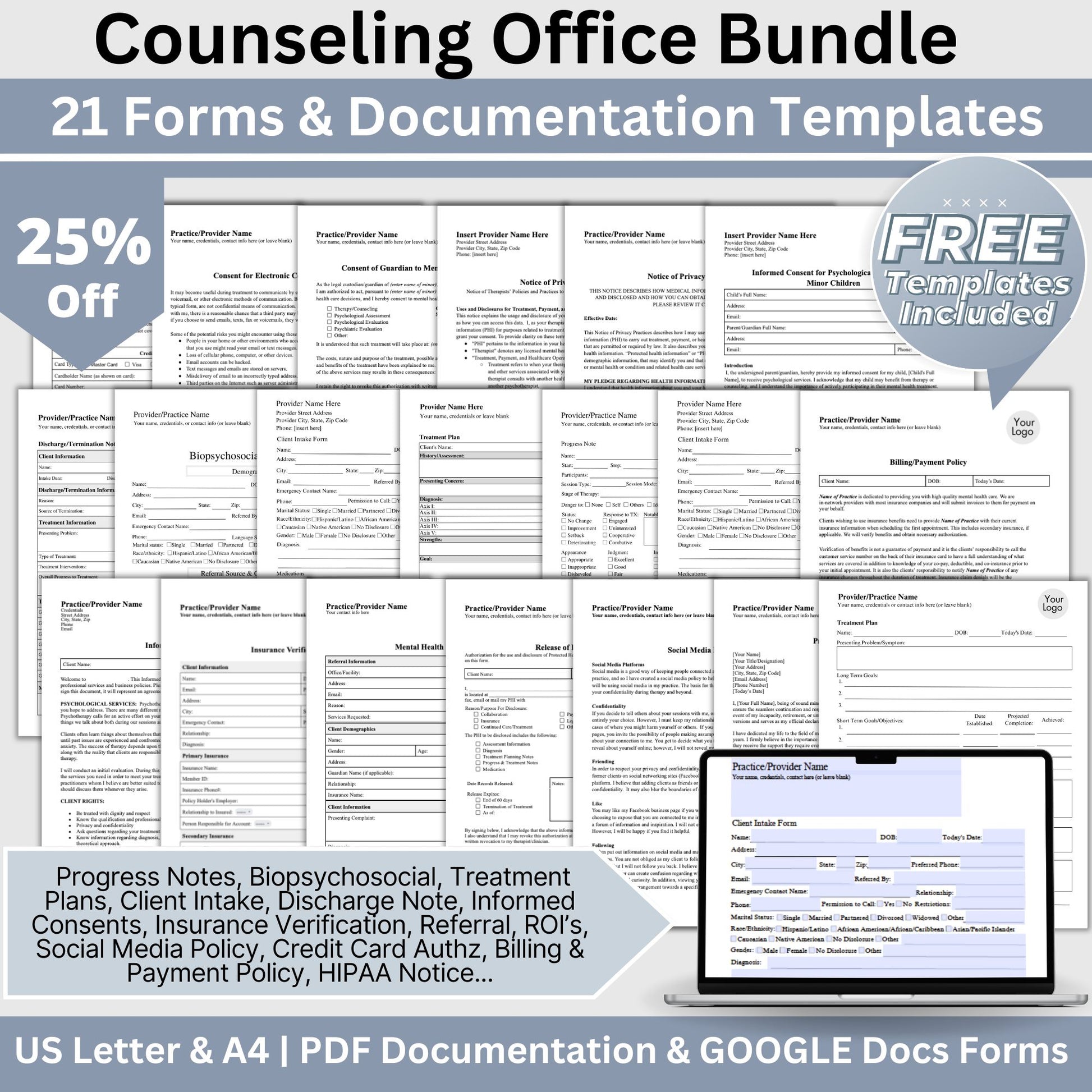 Therapy Notes & Office Policies BUNDLE, Google Doc, Fillable PDF, Progress Notes, Client Intake, Consents, Private Practice Counseling Forms. 21 forms designed to streamline and organize your client records. Perfect for mental health professionals