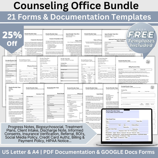 Therapy Notes & Office Policies BUNDLE, Google Doc, Fillable PDF, Progress Notes, Client Intake, Consents, Private Practice Counseling Forms. 21 forms designed to streamline and organize your client records. Perfect for mental health professionals