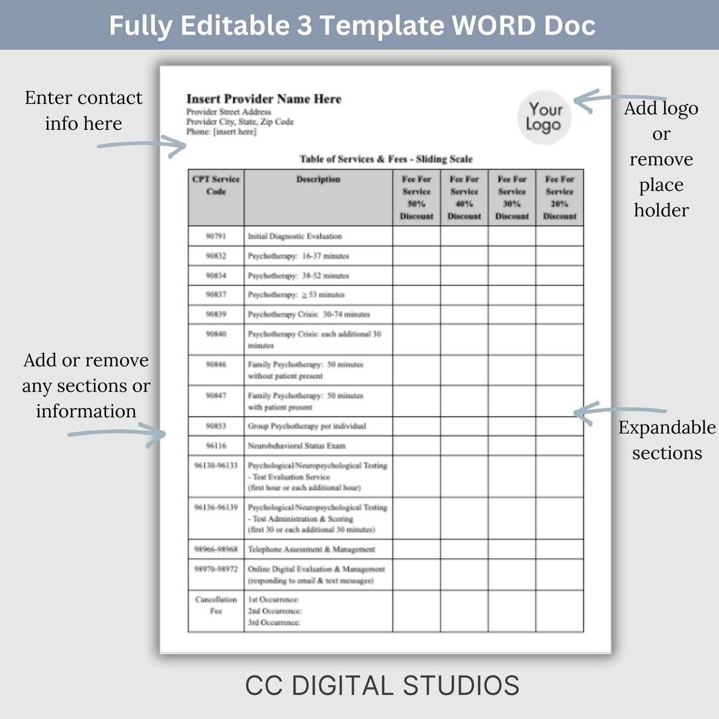 Simplify your pricing processes while maintaining professionalism and clarity with our editable WORD Doc service fees and sliding fees template for mental health clinicians.  Therapist Office, psychology, therapy forms, therapy notes