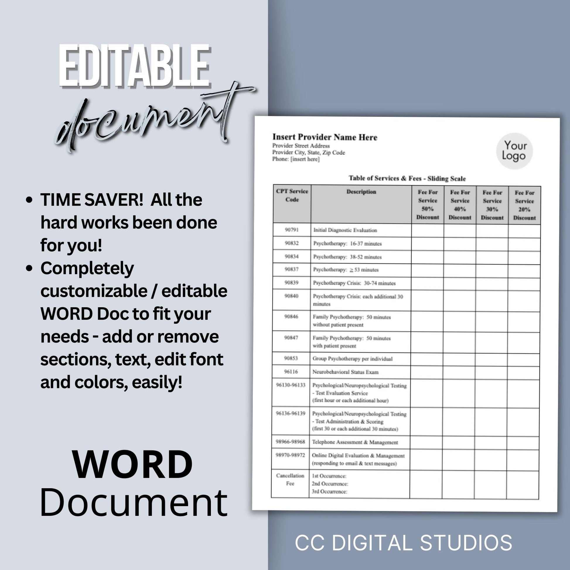 Simplify your pricing processes while maintaining professionalism and clarity with our editable WORD Doc service fees and sliding fees template for mental health clinicians.  Therapist Office, psychology, therapy forms, therapy notes